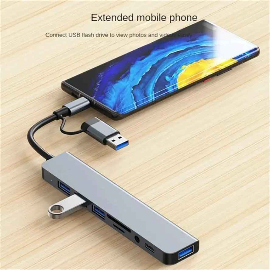 8-in-2 USB C Hub Dock SD TF Card Reader USB 3.0 Splitter Adapter for Laptop PC