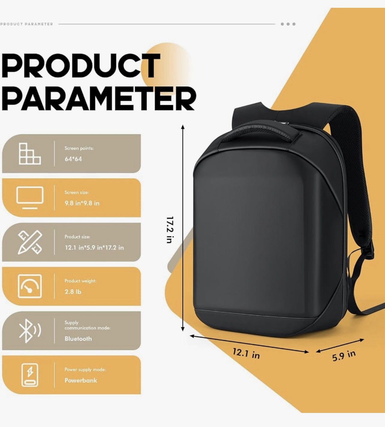 LED Display Backpack w/ App Control, Bluetooth, USB Port.