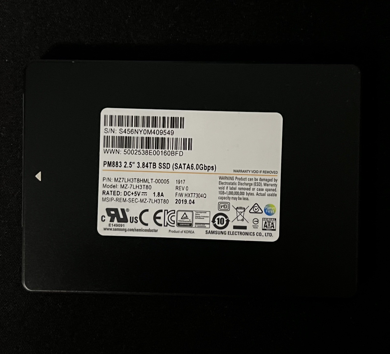 SAMSUNG PM883 3.84TB 2.5″ SATA SSD MZ7LH3T8HMLT-00005 MZ-7LH3T80 98% HEALTH