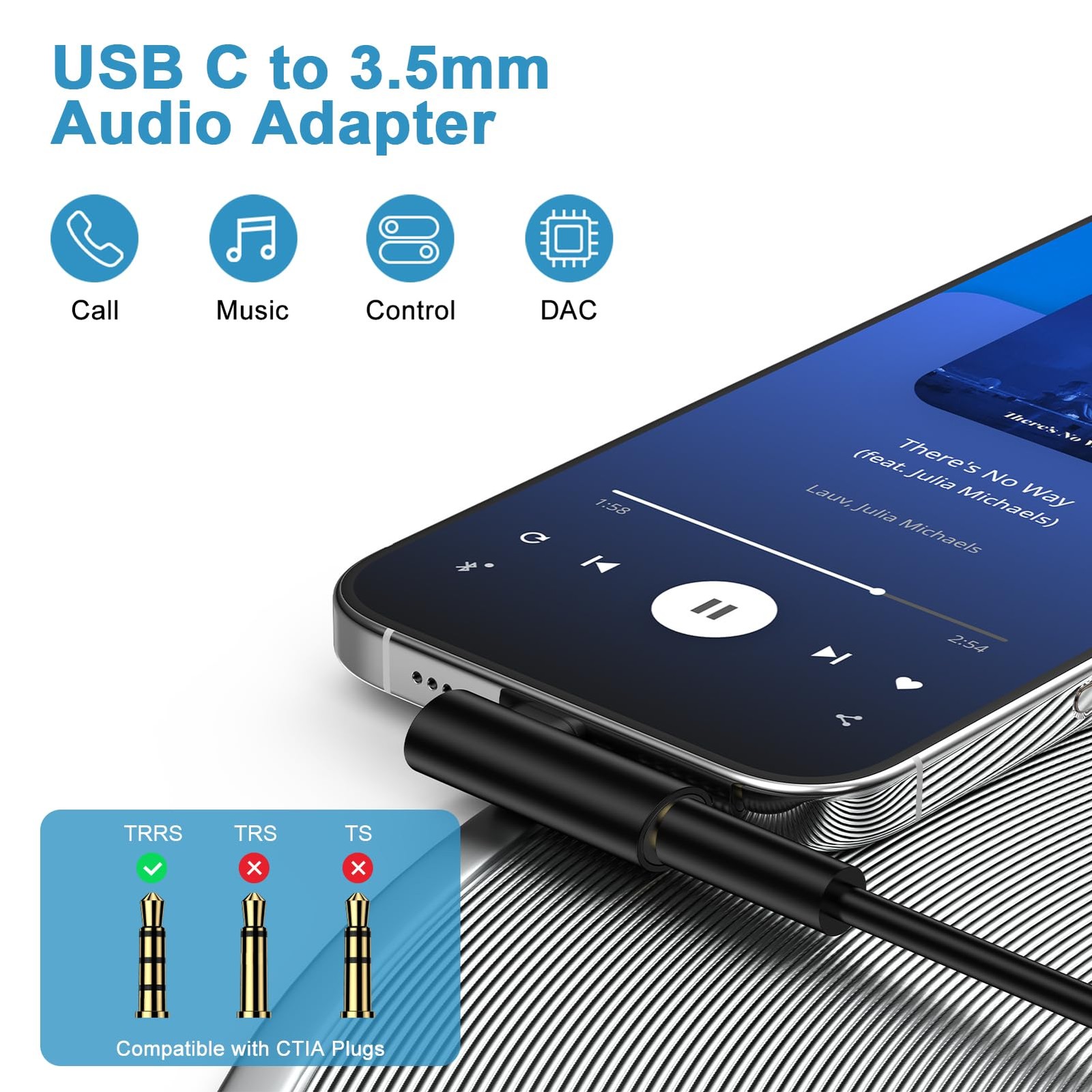 USB C to 3.5mm Headphone Jack Adapter for Samsung Galaxy A17 A16 A35 Black