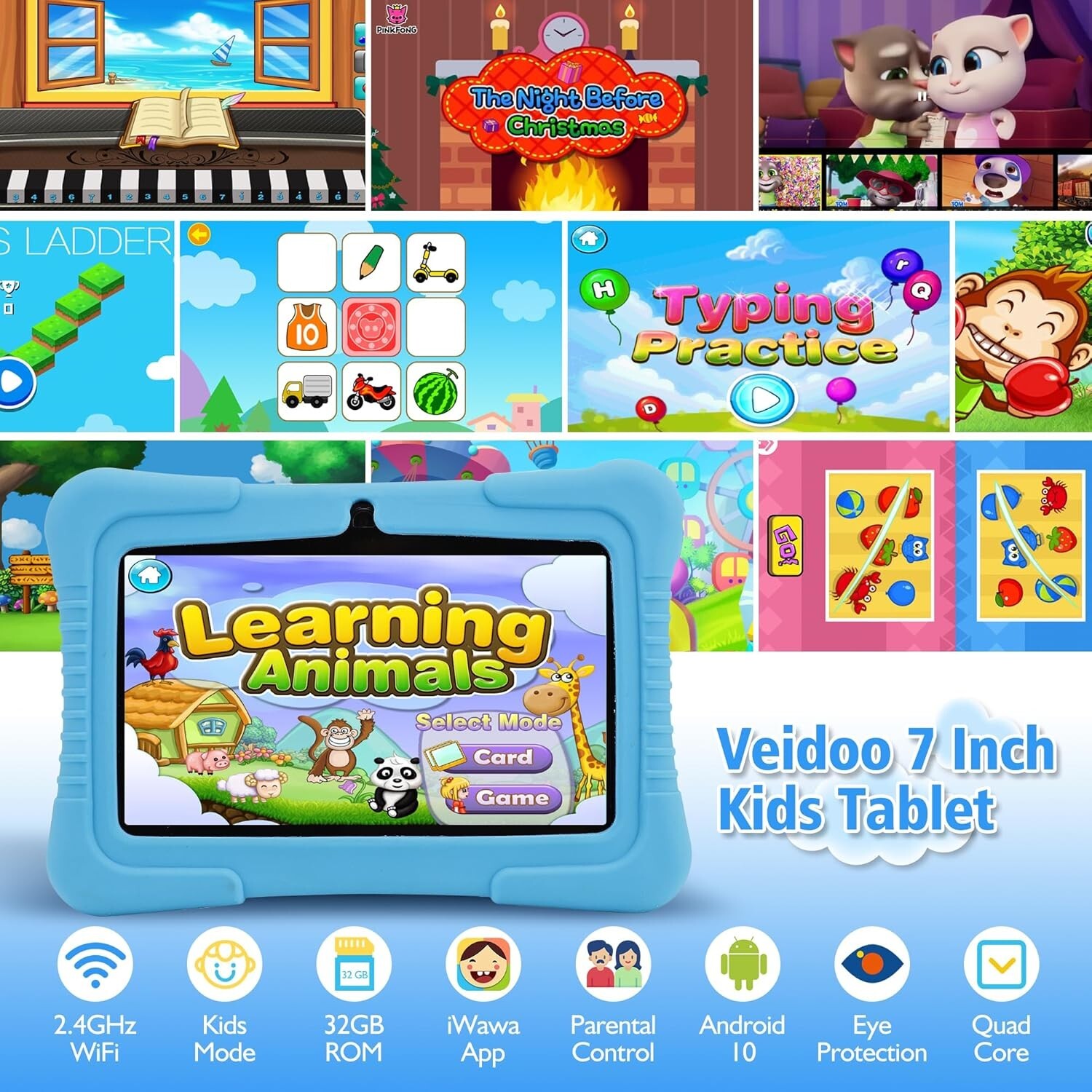 Veidoo Kids Tablet, 7 inch Android Tablet PC, 2GB RAM 32GB ROM, Tablet Blue USED