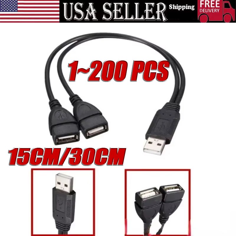 USB 2.0 A Male To 2 Dual USB Female Jack Y Splitter Hub Power Adapter Cable LOT