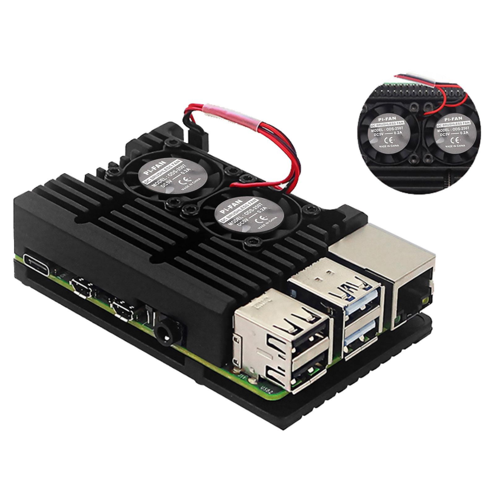 Metal Black Case Shell Box w/ Dual Fan Heatsink For Raspberry Pi 4 Model B 4B