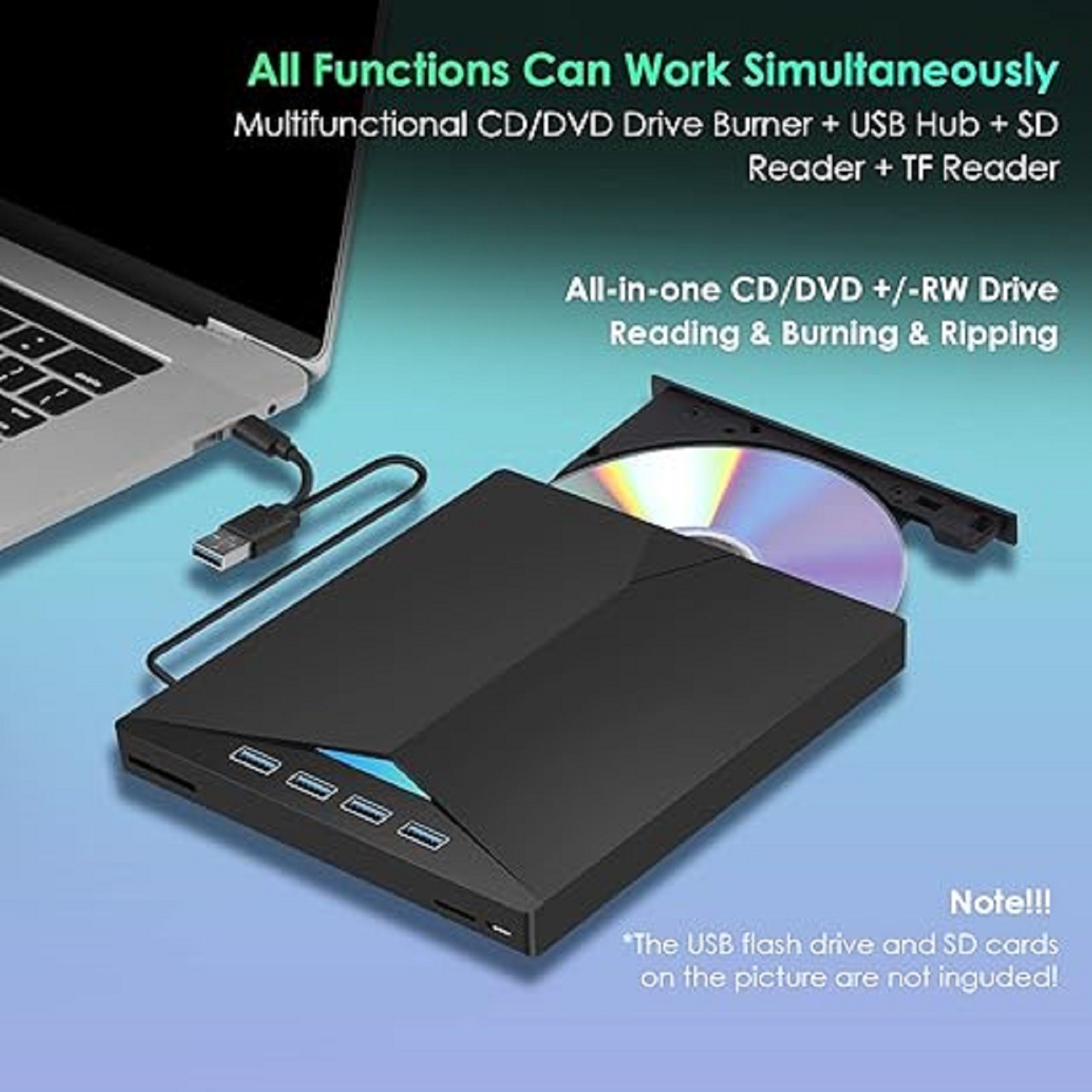 7-in-1 Slim External CD DVD Drive USB 3.0 Reader Writer Burner Player For Laptop