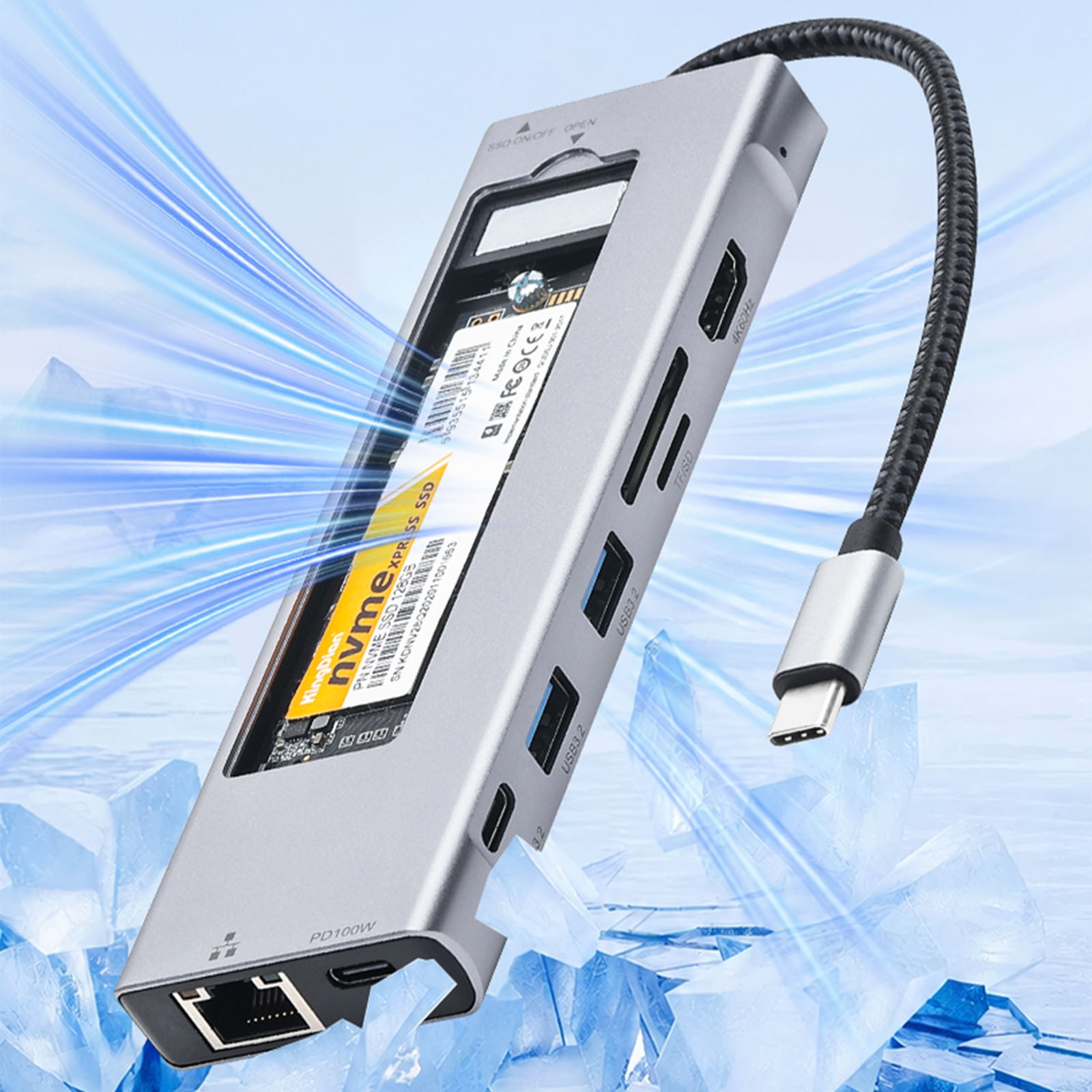 USB C Hub with M.2 NVMe SSD Enclosure 4K/60Hz PD Type-C USB 3.2 Ethernet SD/TF