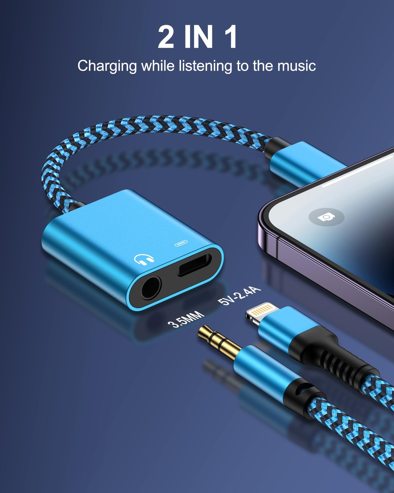 iPhone Headphone Adapter with Charge 2-in-1 Lightning to 3.5mm Female Blue