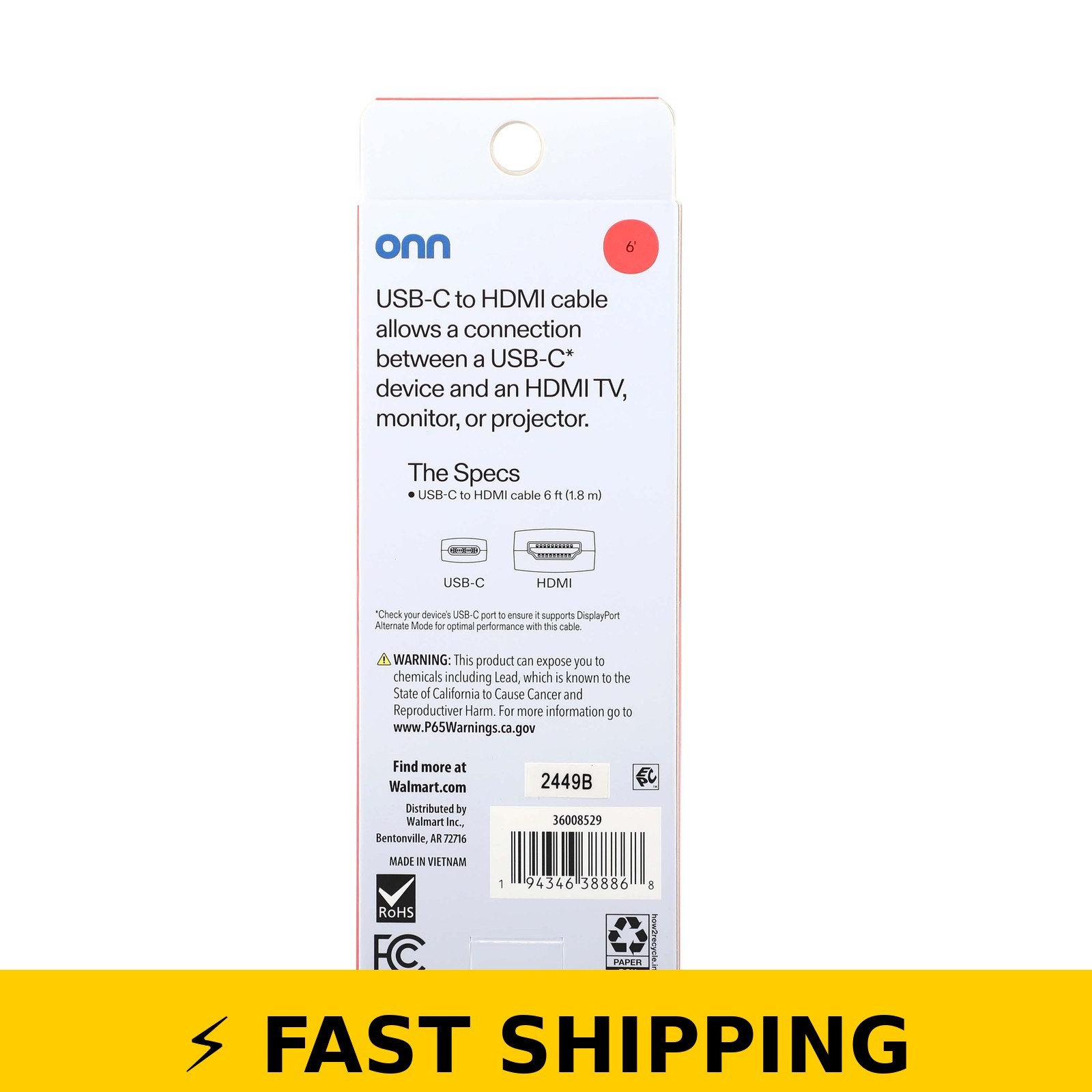 onn. USB-C to HDMI Cable 6ft 4K Output for Laptop Tablet Phone