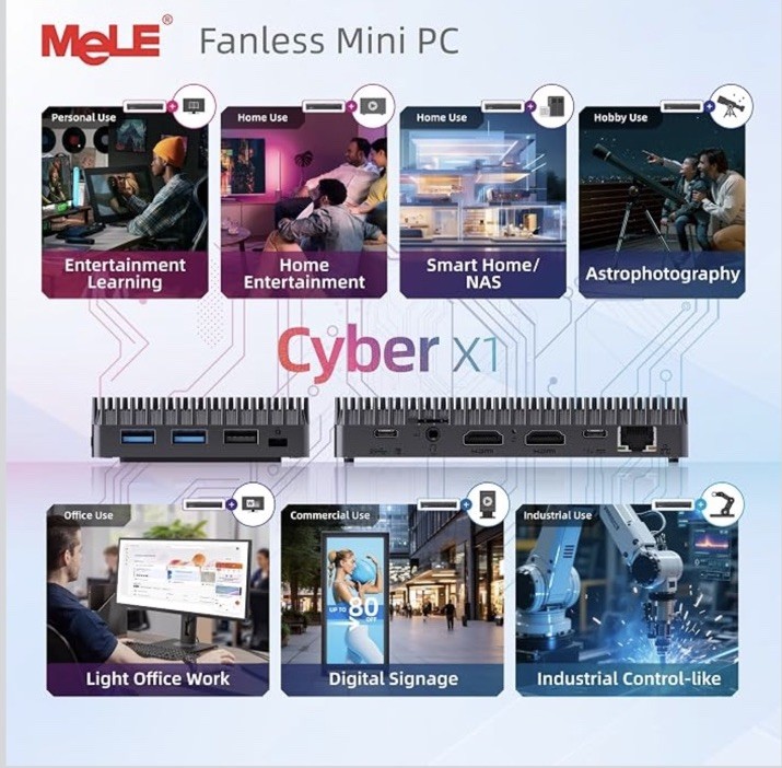 MeLE Cyber X1 Fanless Mini PC N150 (up to 3.6GHz) 16GB LPDDR5 512GB SSD