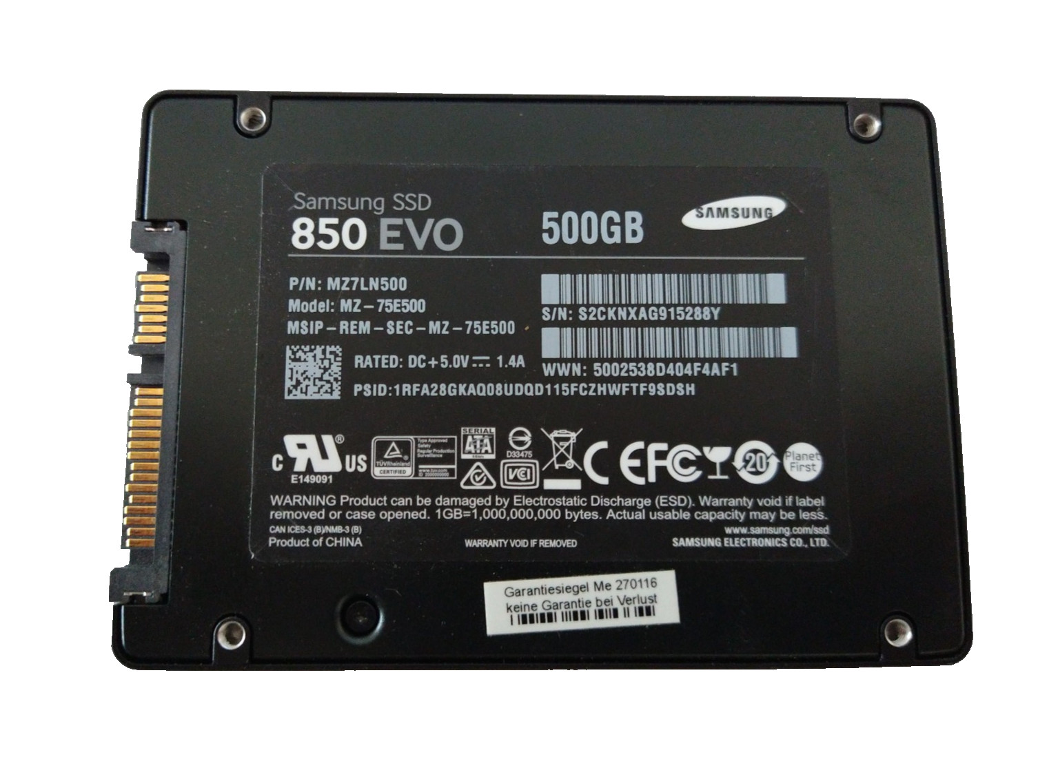 SAMSUNG 500GB SSD SATA 850 EVO MZ-75E500 S/N: S2CKNXAG915288Y #NFP3073