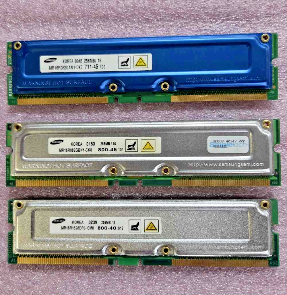 3 different Samsung 256MB 184-pin Rambus RDRAM RIMMs, non-ECC memory modules