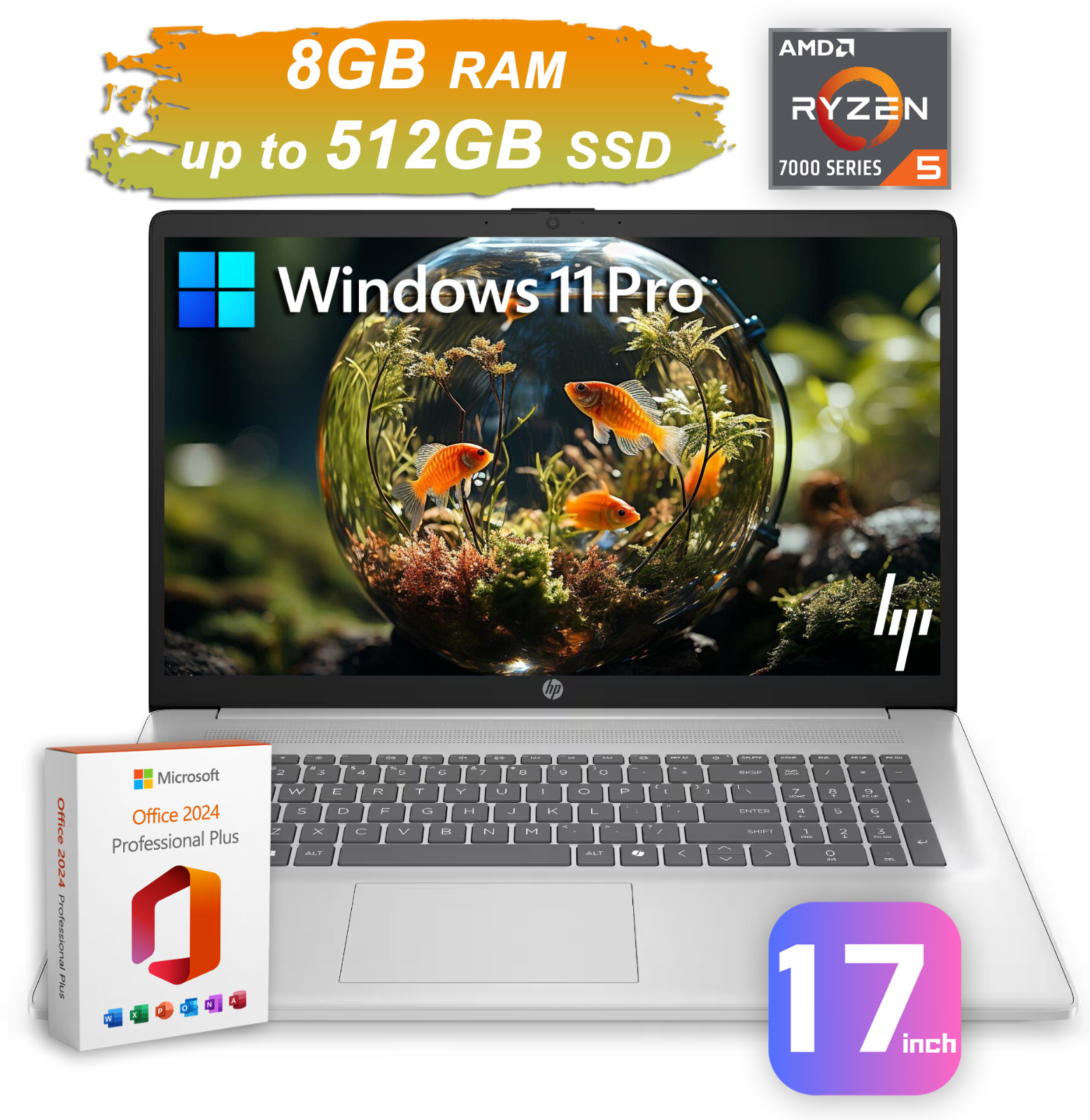 2026 HP 17.3″ Laptop Computer Office 2024 Ryzen 5 8GB RAM & Up to 512GB SSD Pro