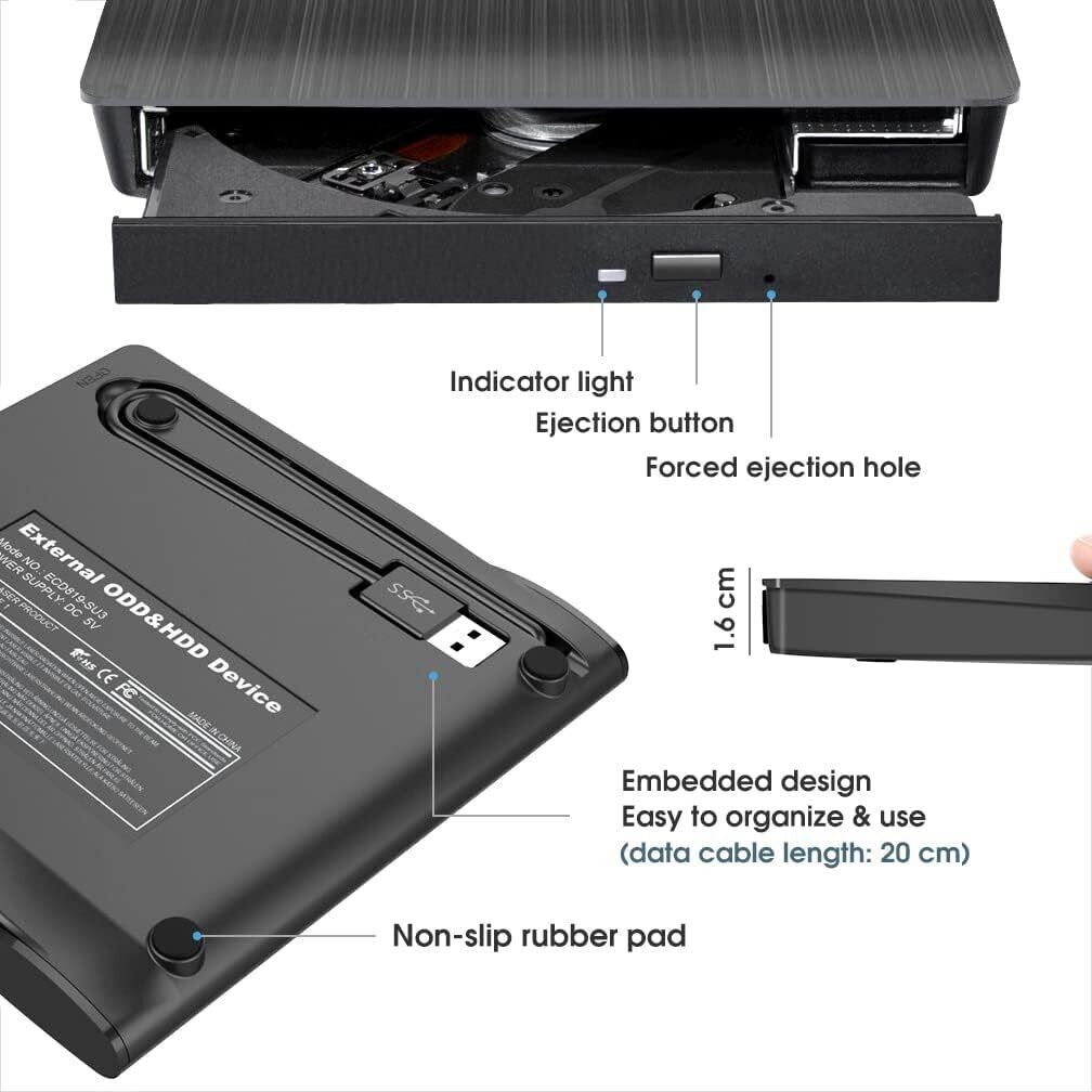 Slim External USB3.0 CD DVD RW Drive Writer Burner Reader for Laptop PC Portable
