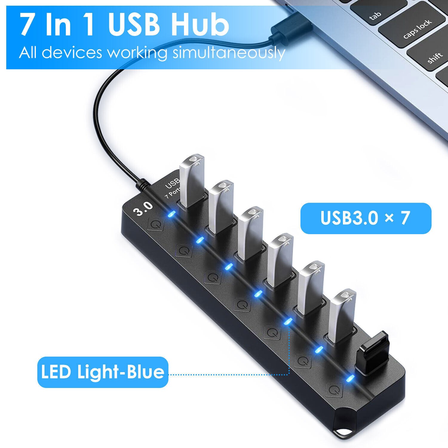 7 Port USB 3.0 Hub Splitter Adapter Cable High Speed For PC Laptop Mac Desktop