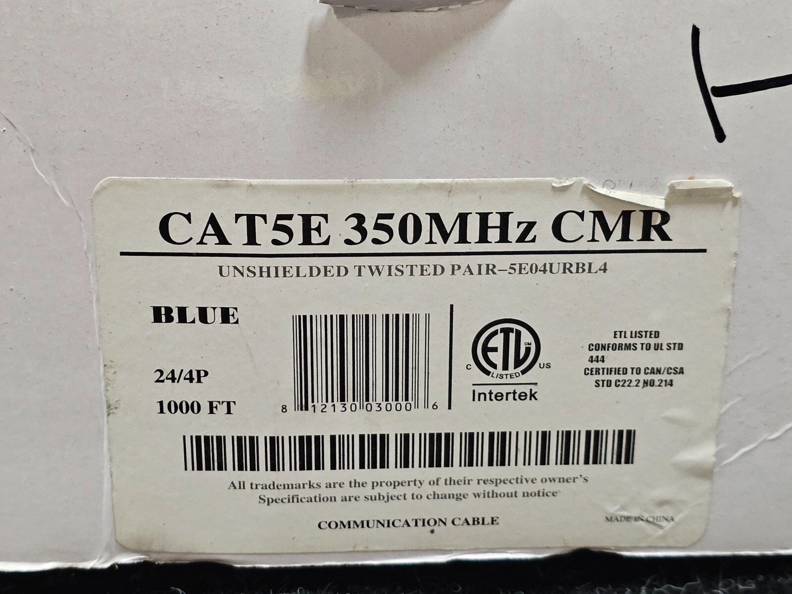 Wavenet 1000feet Cat5 / Cat5e Bulk Cable Solid CMR PVC 350MHz Blue CAT5-CMR-BL