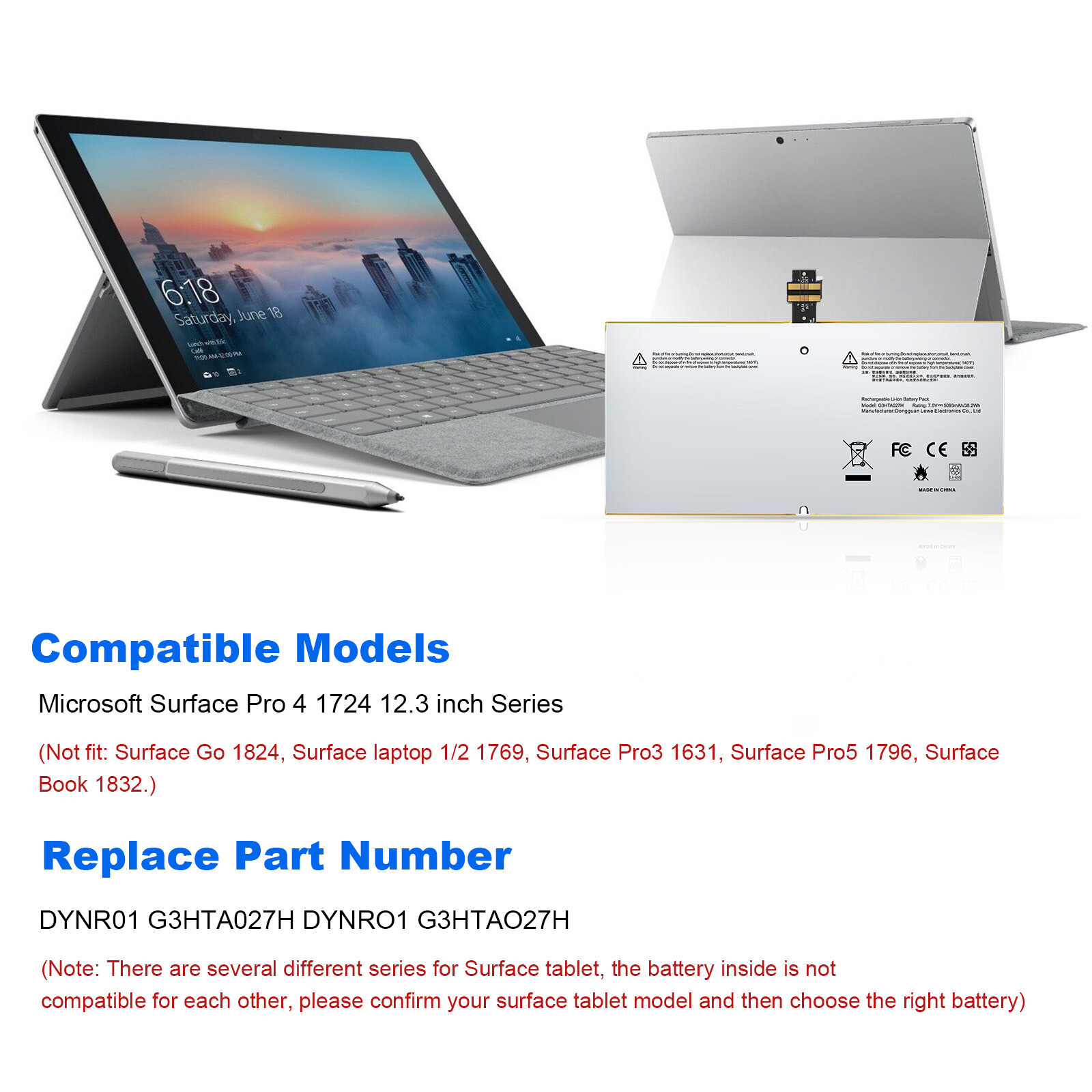 Replacement Battery DYNR01 For Microsoft Surface Pro 4 1724 12.3″ Tablet 38.2Wh