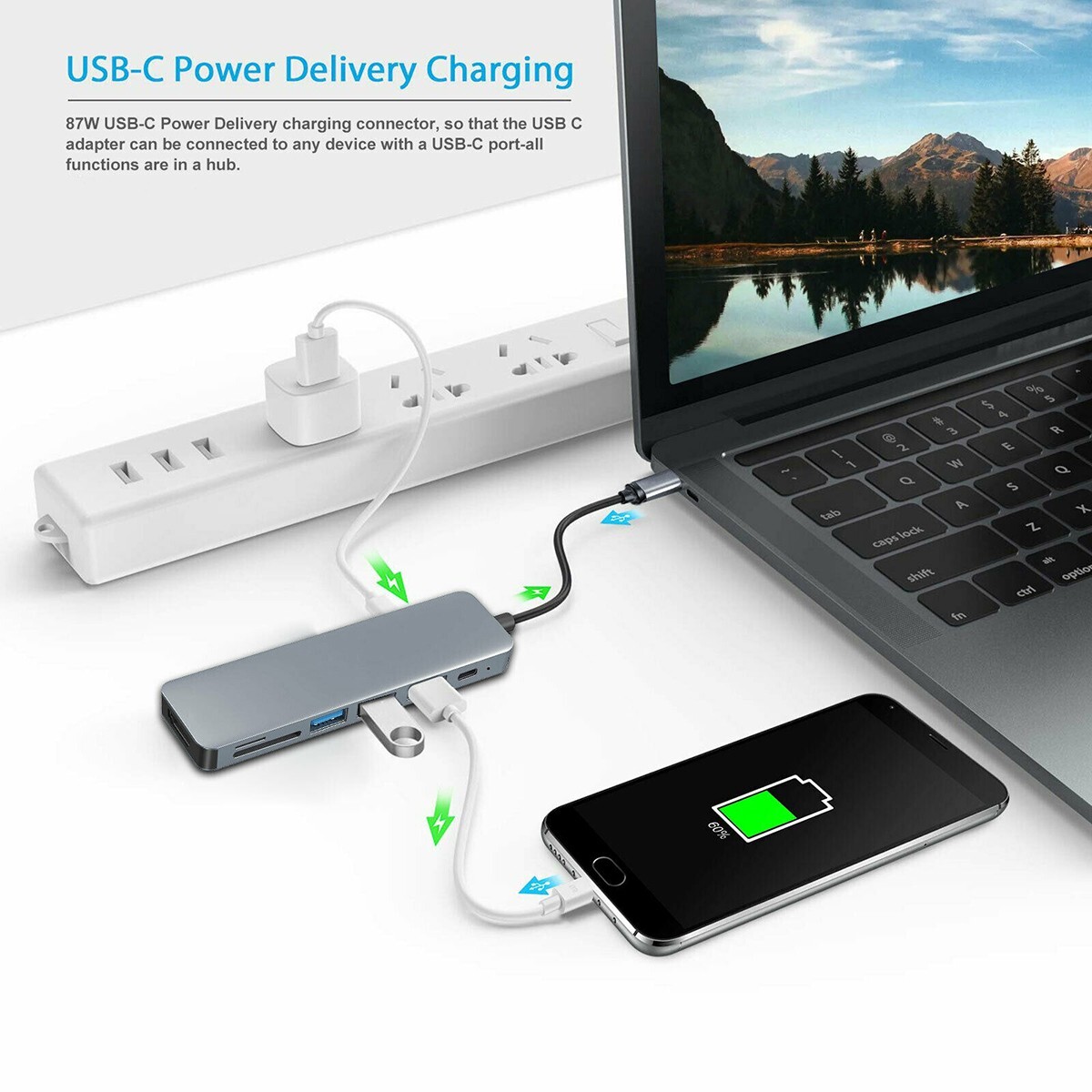 7 In 1 USB-C To HDMI Adapter SD/TF Card Reader 3x USB 3.0 For MacBook Pro/Air