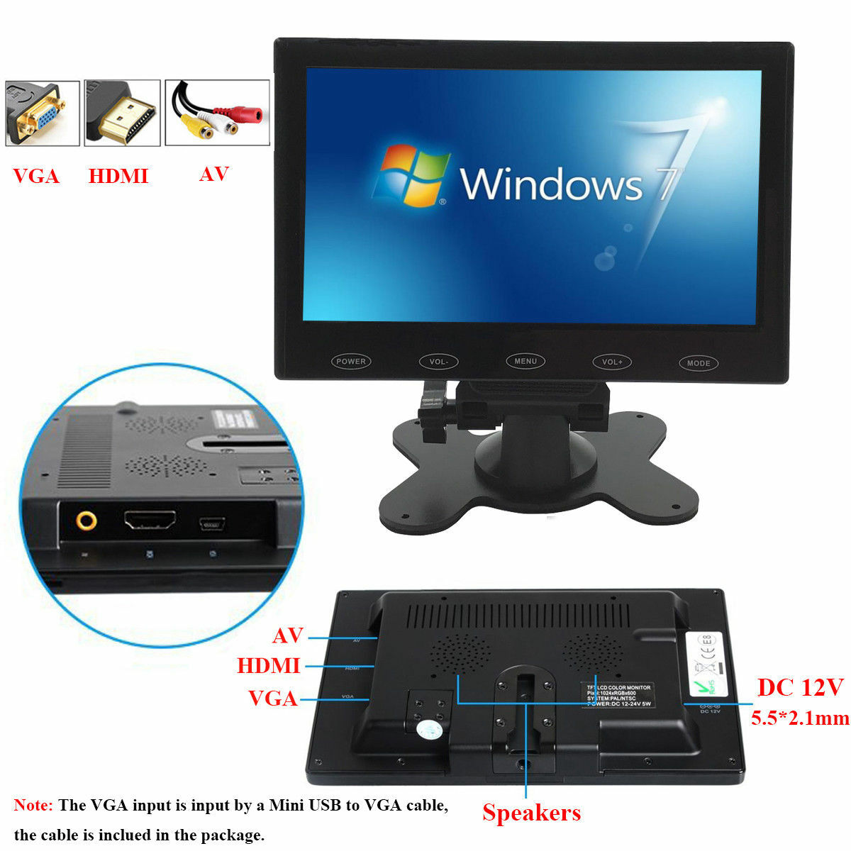 US-7” Portable Small Monitor HDMI LCD Screen for PC/TV/Security System VGA
