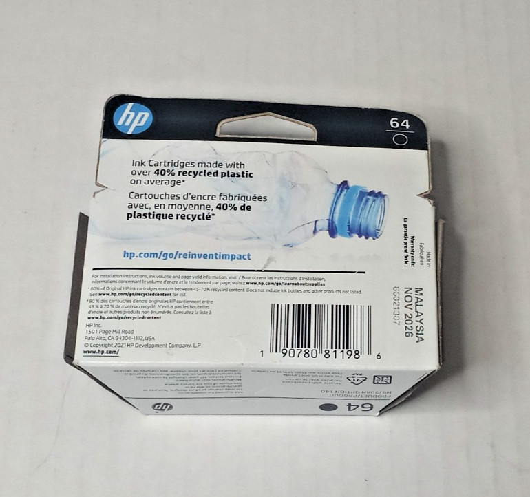 HP 64 Original Black Ink Cartridge – N9J90AN – November 2026 New/Sealed