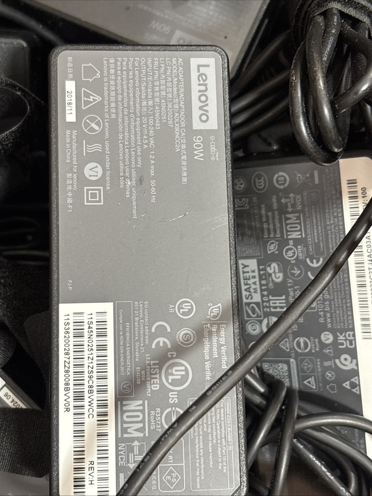 Lot of 10 Lenovo 90W 20V 4.5A Slim Yellow Tip AC Adapters With Cables Large Quan
