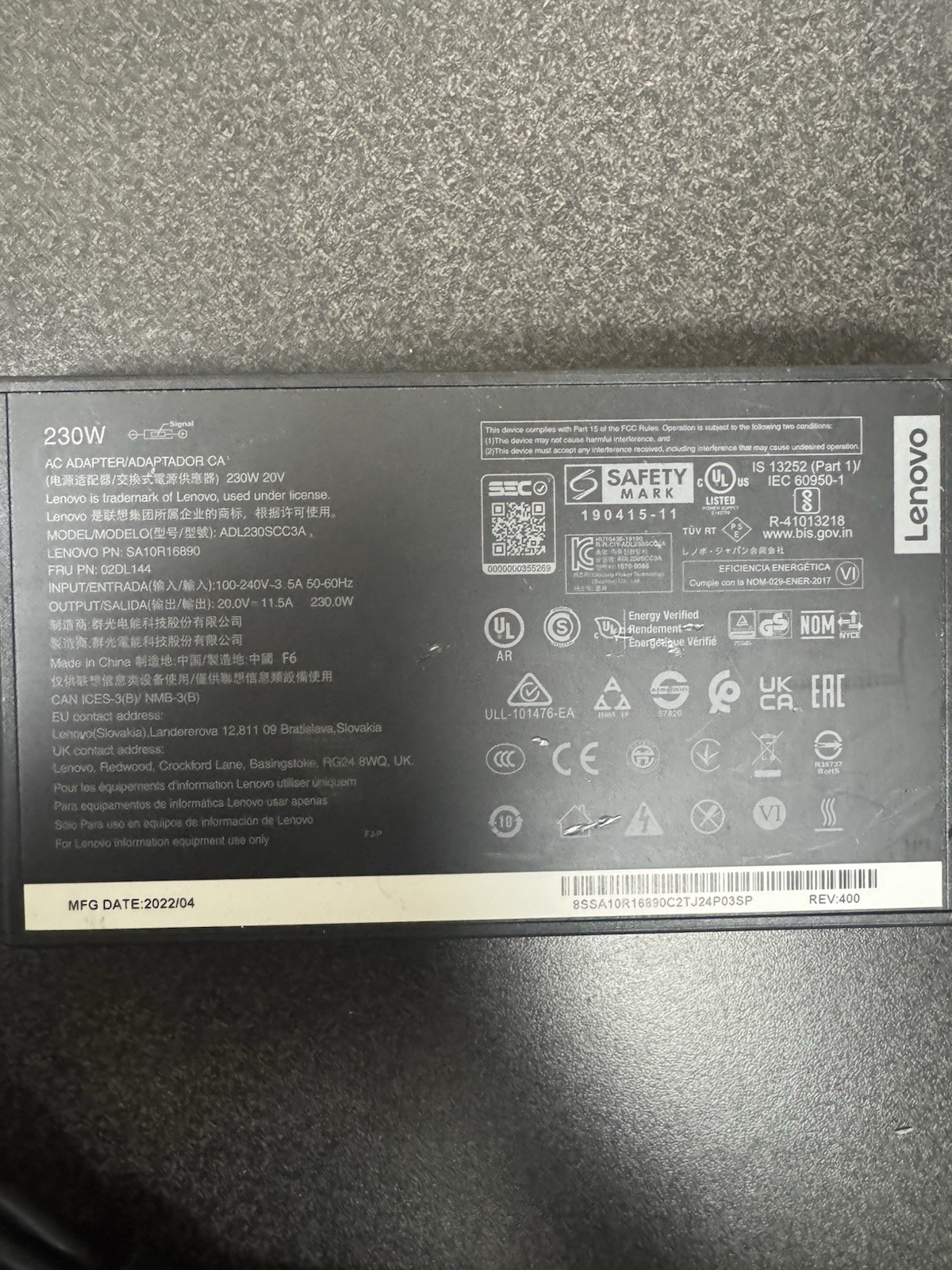Genuine Lenovo 20V 11.5A 230W AC Adapter Slim Tip Laptop Charger Yellow Slim