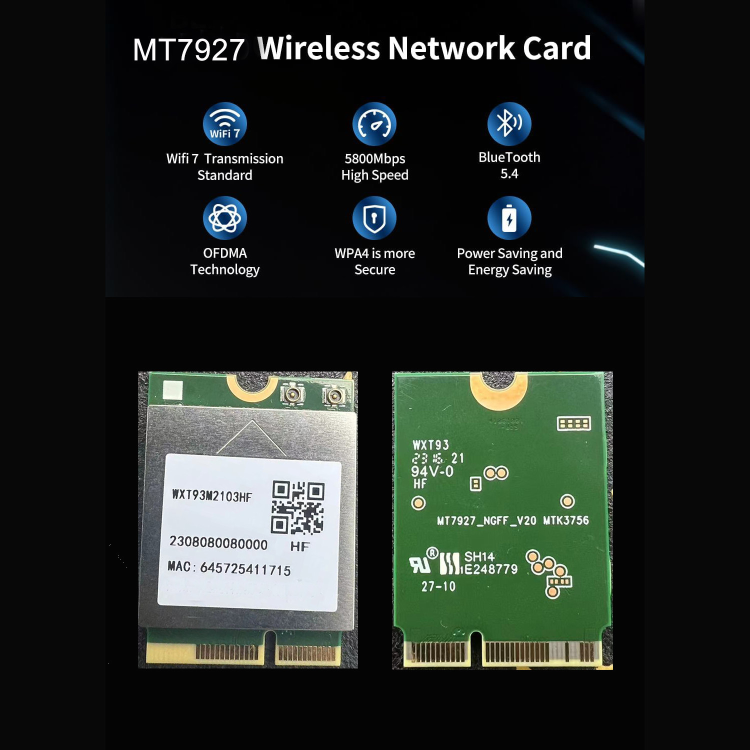 MediaTek MT7927 WiFi 7 M.2 NGFF Tri-band BT5.4 Laptop WiFi Card For Laptop/PC
