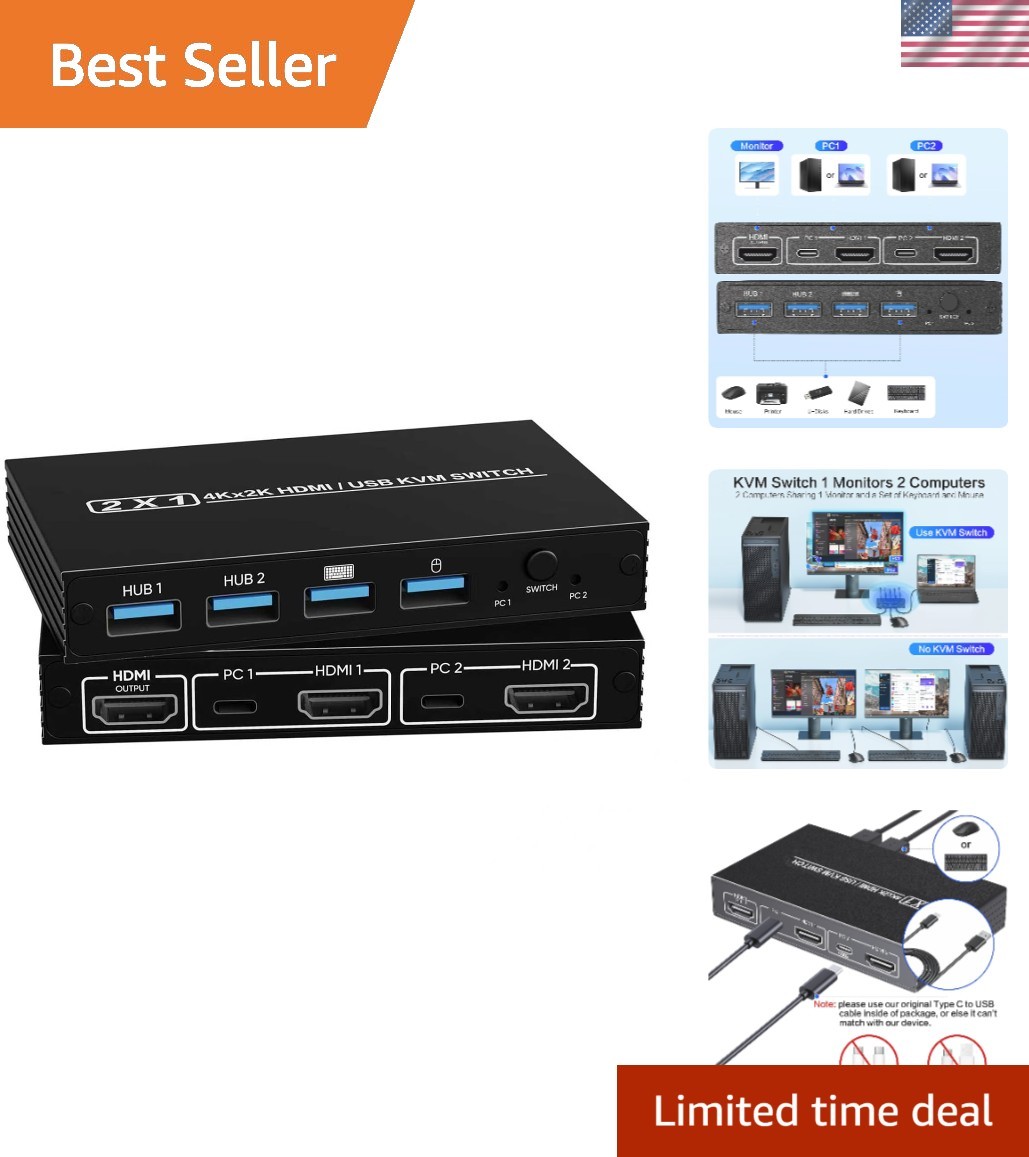 Seamless 2-in-1 HDMI KVM Switch – 4 USB 3.0 Ports for Effortless Data Sharing