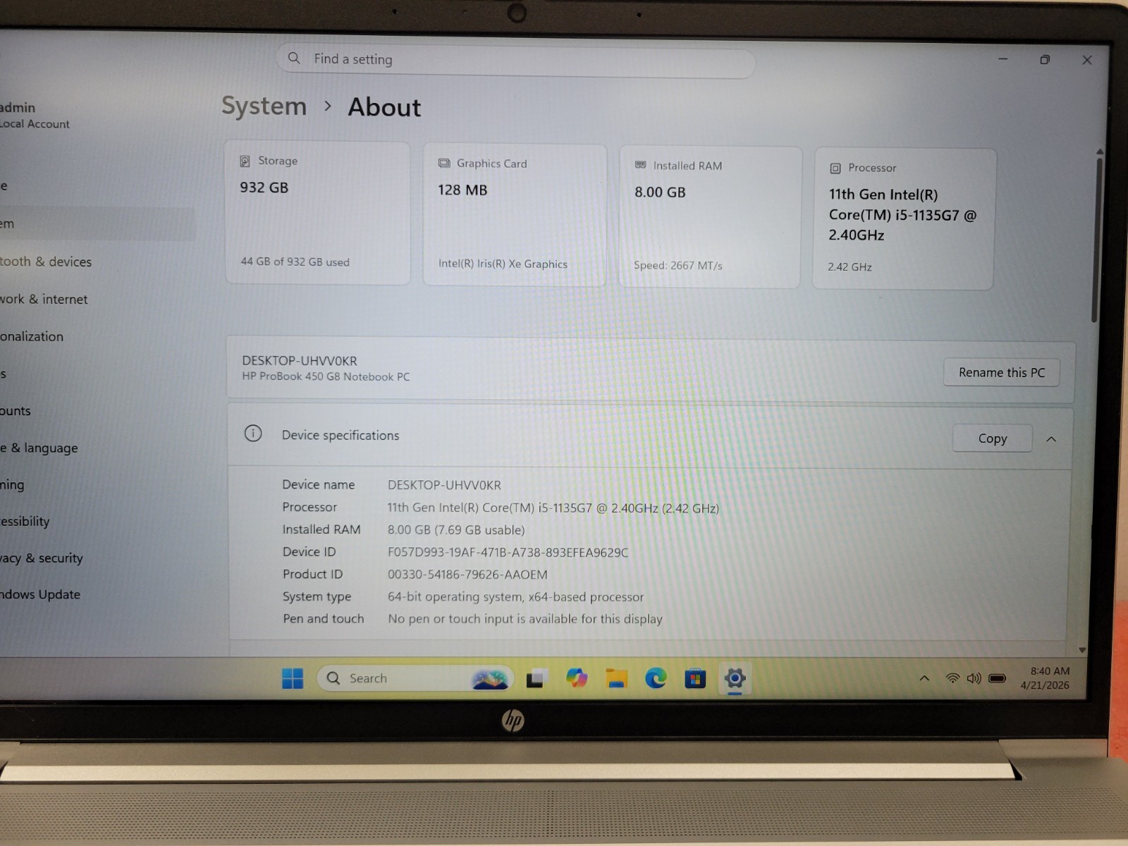 HP ProBook 450 G8 15.6″ i5-1135G7 8GB RAM 1TB SSD Win 11 Pro *Read* | C1205*