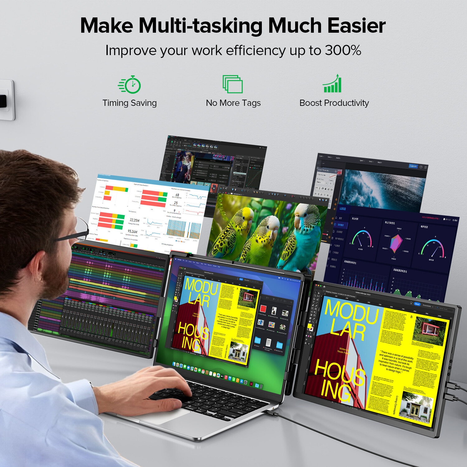 14 Inch 2K Tri-Screen Laptop Monitor Extender Triple Display Kompatibel mit Mac