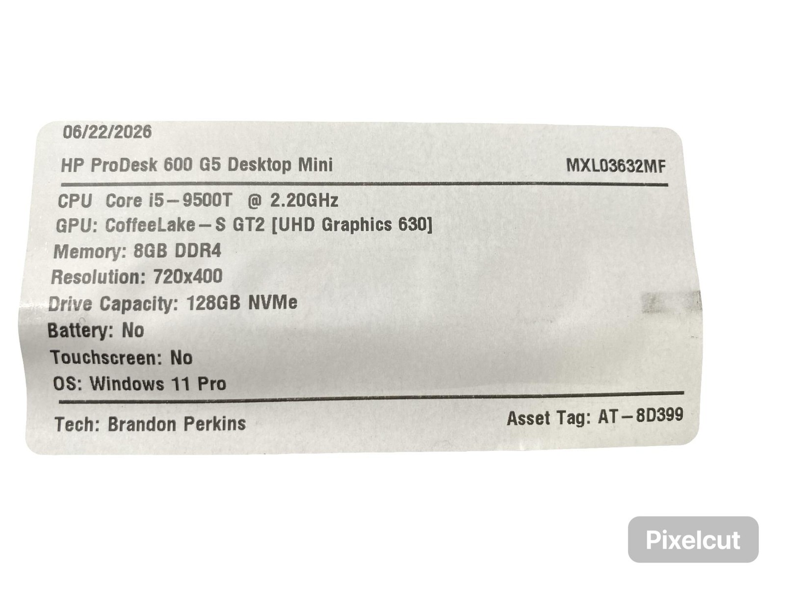 HP ProDesk 600 G5 Desktop Mini Corei5 9500T 8GB Win11Pro 128GB Grade C