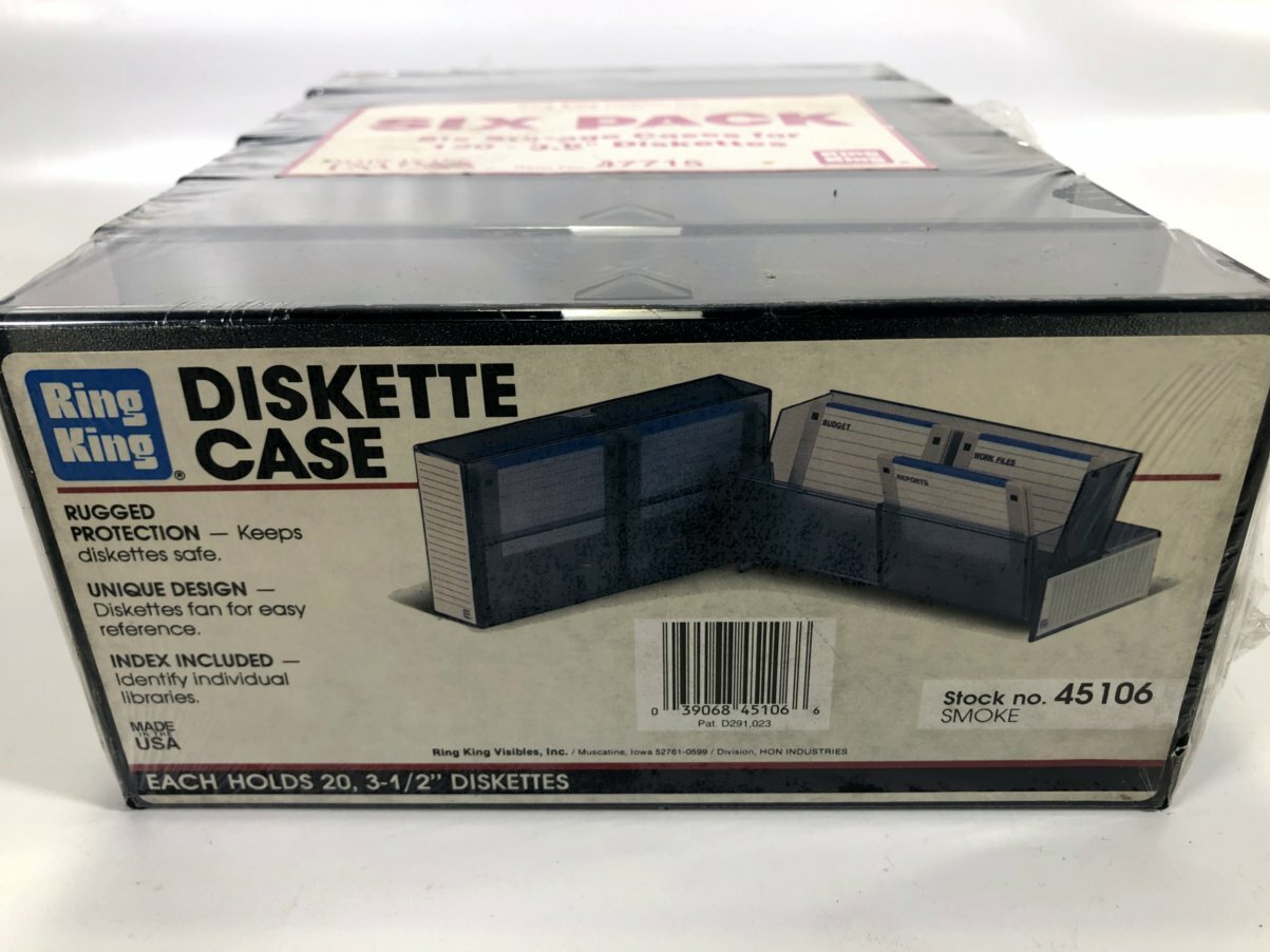 Six Pack Storage Cases for 3.5″ Diskettes Ring King #47715 Holds 20 each Smoke