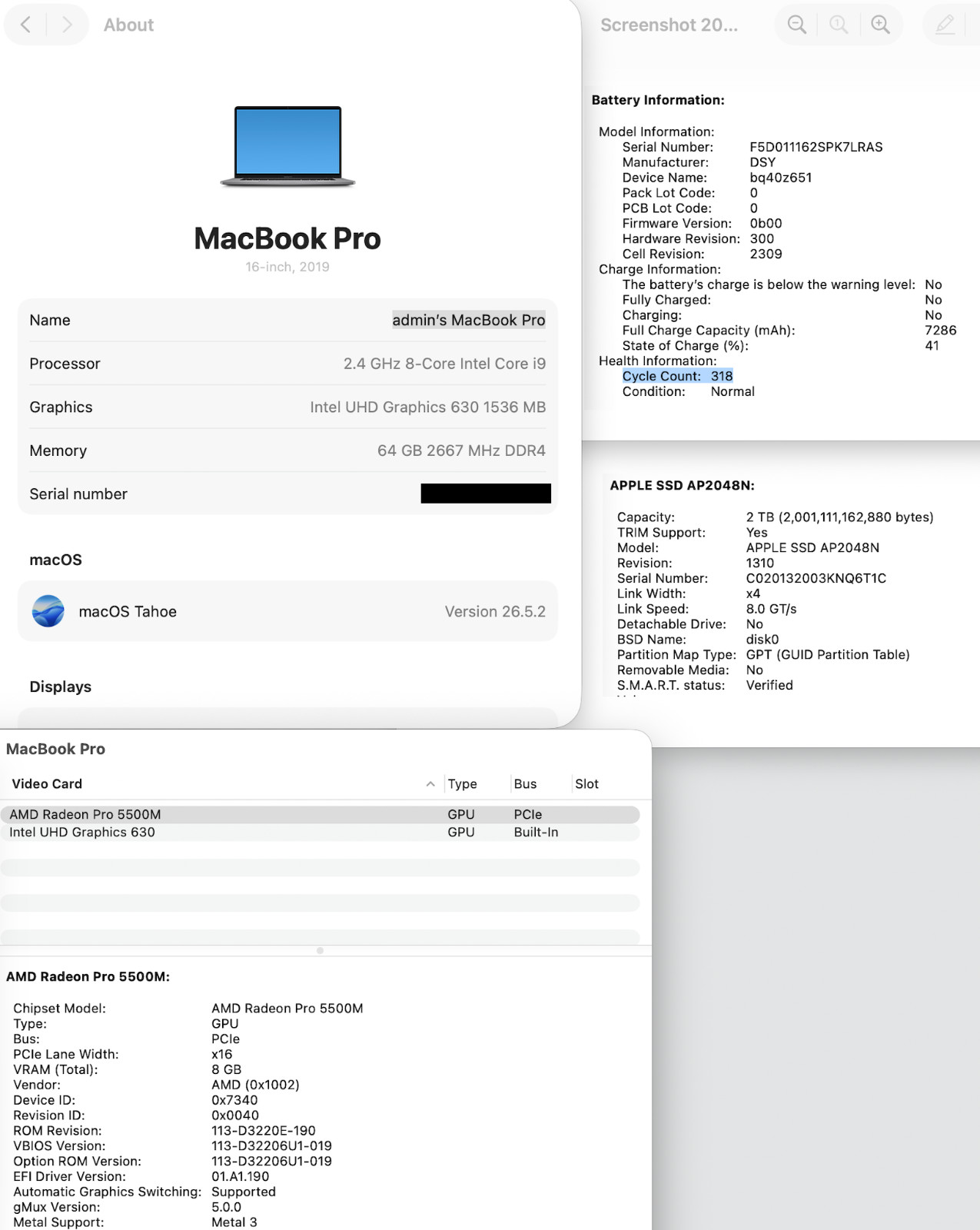 Apple MacBook Pro 16 Inch 2019 2.4 GHz Core i9 2TB SSD 64GB RAM 5500M 8GB GFX