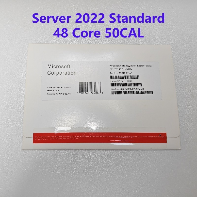 Microsoft Windows Server 2022 Standard 48 Core 50 CAL Key DVD & COA