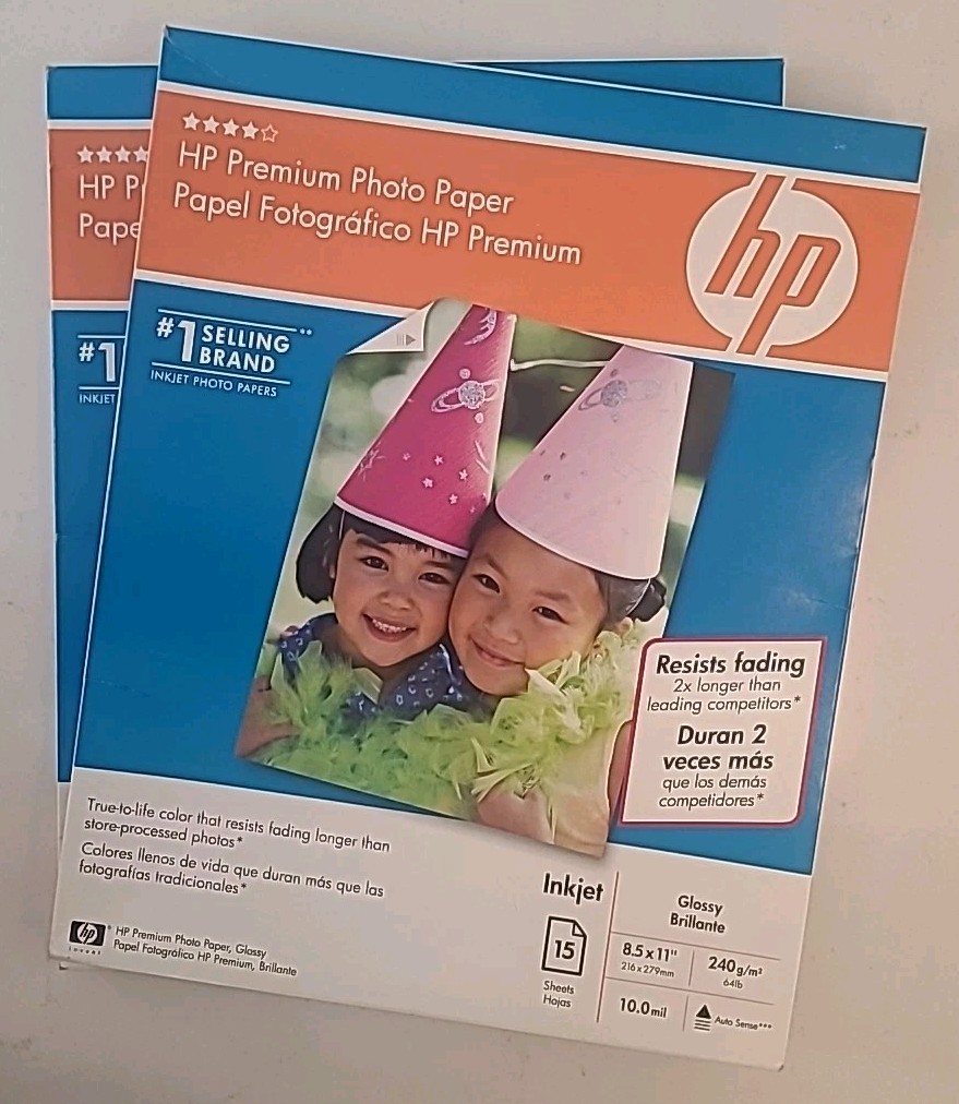 2 HP Premium Photo Paper, 64 lb Glossy 15 Sheets 8.5 x 11 Inches Sealed (B3-C14)