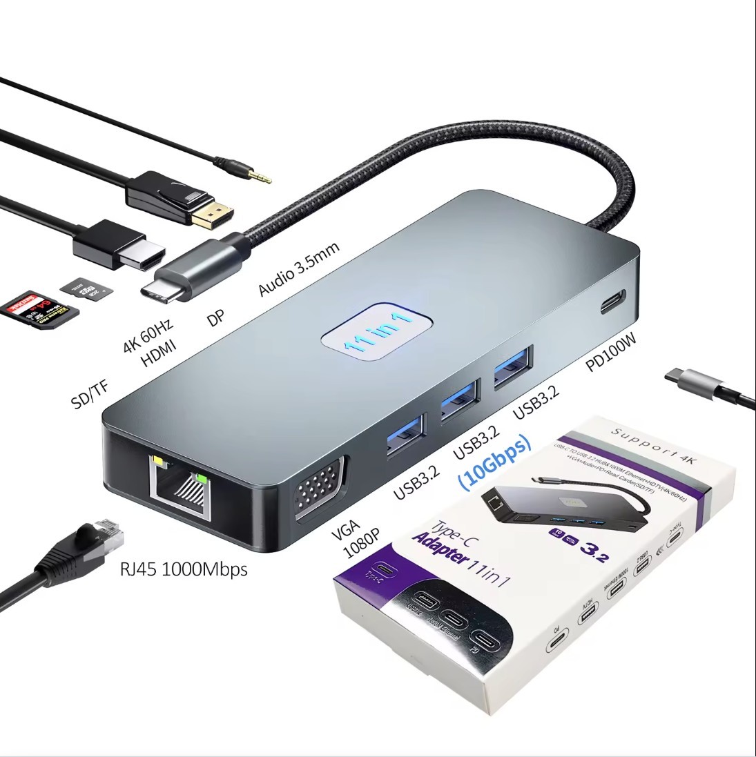11 in 1 USB Hub, w/ USB C Interface, HDMI, Card Reader, RJ45, USB 3.2 and more .