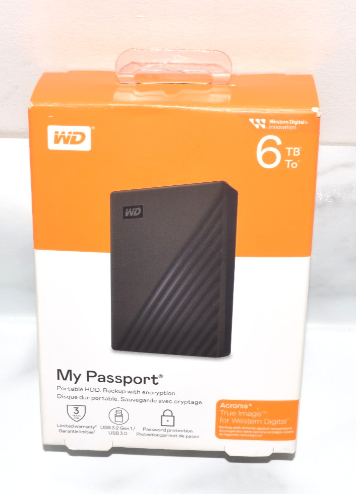 WD – My Passport 6TB External USB 3.2 Portable Hard Drive – Black – NEW