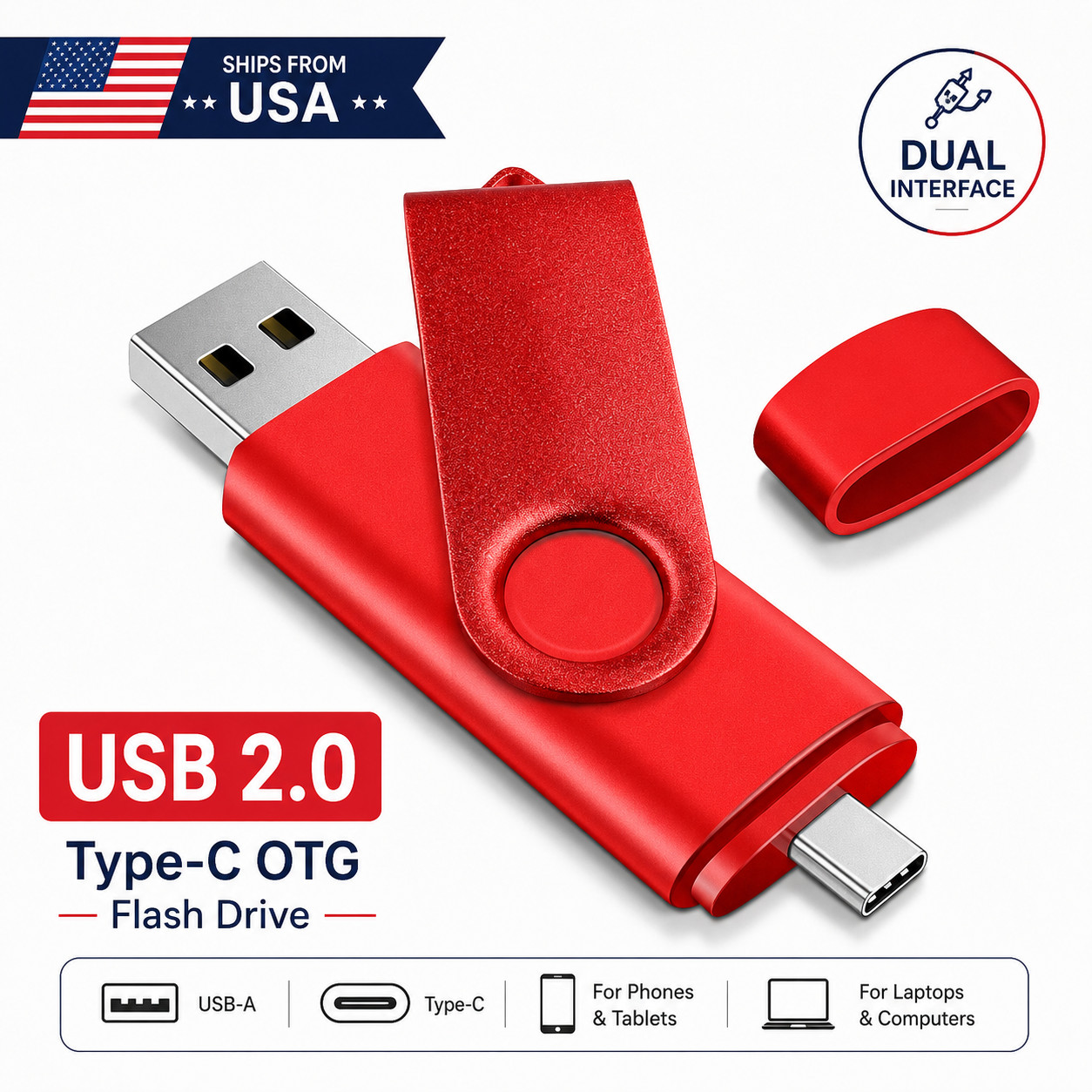 256GB USB 2.0 USB-A & USB-C Flash Drive Dual Connector Portable