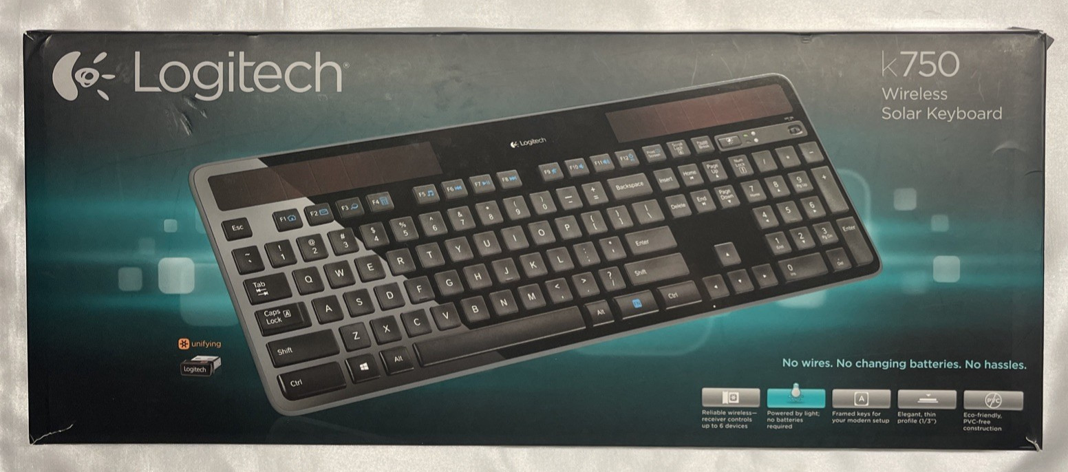 TESTED Logitech K750 Wireless Solar Keyboard w/ Unifying Dongle Receiver + Box