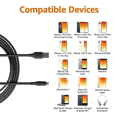 Apple MFi Certified USB-A to Lightning Charger Cable for iPhone 10 feet Black