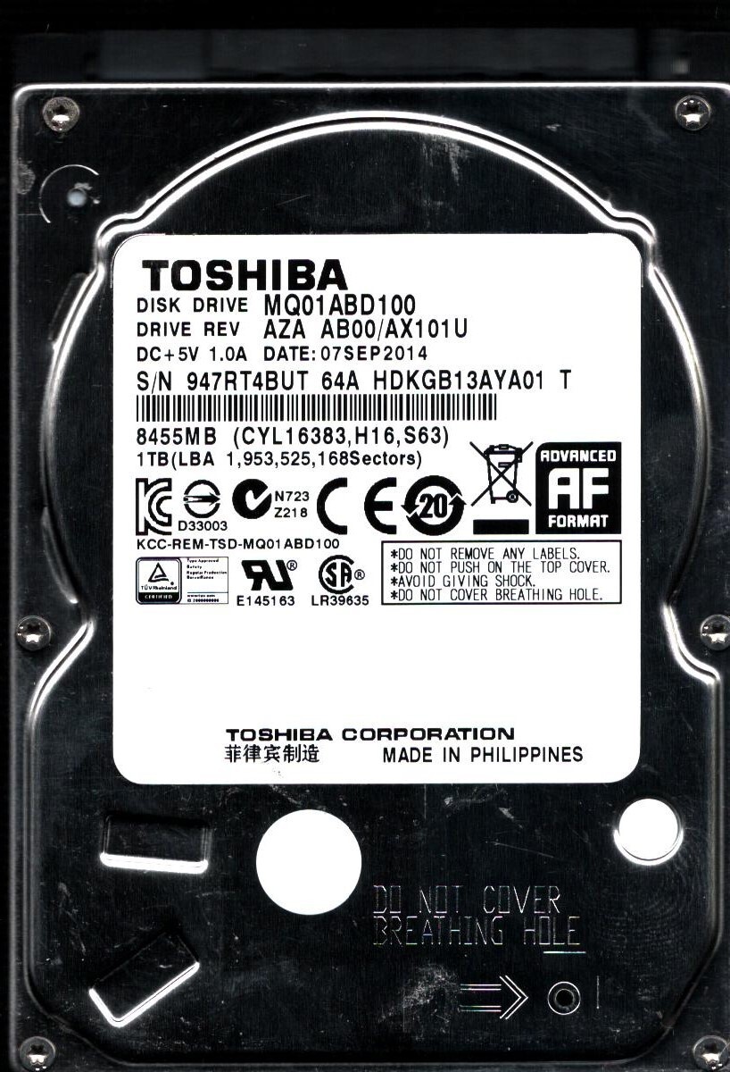 MQ01ABD100 HDKGB13AYA01 T REV: AZA AB00/AX101U 1TB SEP 2014 PHILIPPINES TOSHIBA