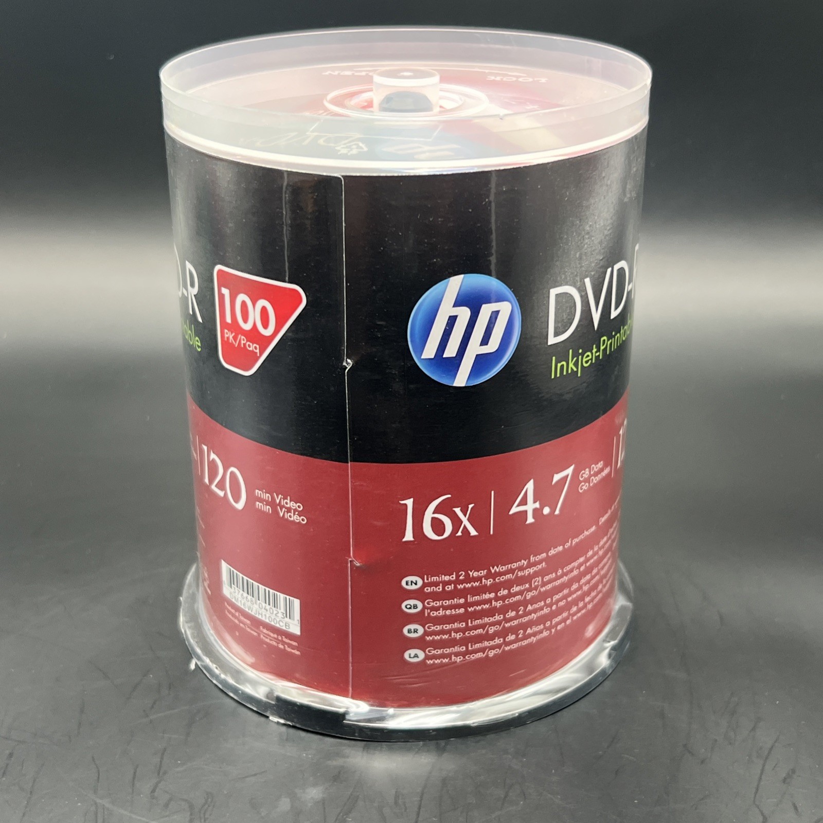 100 HP DVD-R DVD 16X Blank 4.7GB White Inkjet Printable Disc Spindle Cake Box
