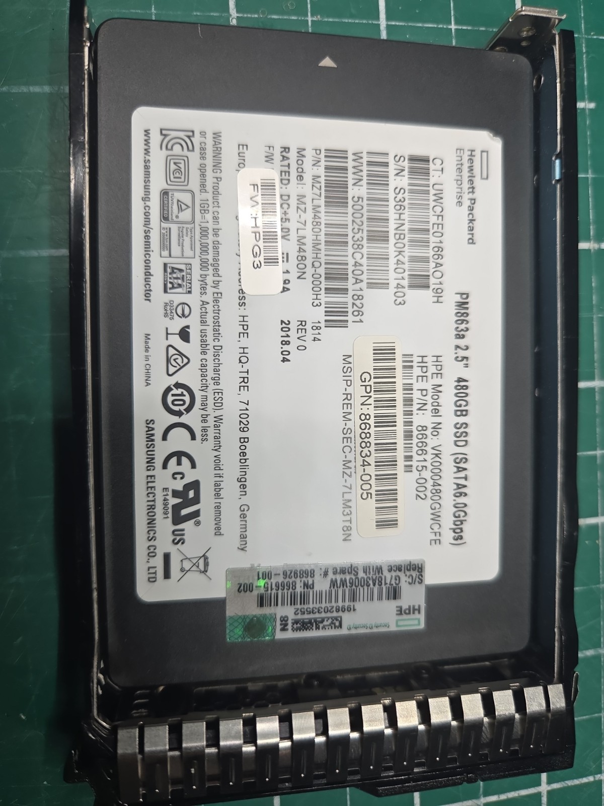 HPE 480GB SATA 2.5″ SSD 866615-002 868834-005 VK000480GWCFE MZ-7LM480N 98% life!