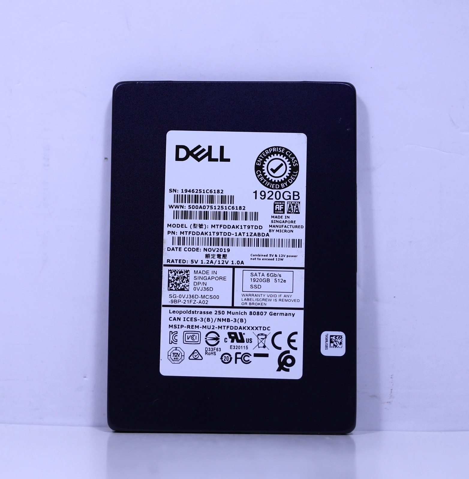 Dell Enterprise 1.92TB SSD 2.5″ SATA 6Gbps Read Intensive MTFDDAK1T9TDD VJ36D