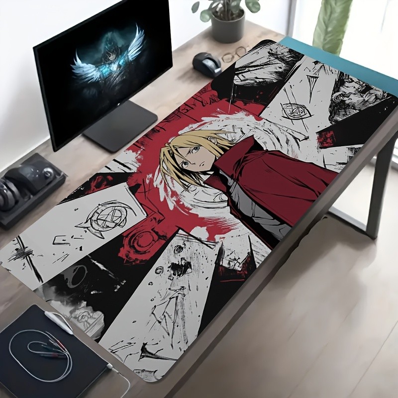 A Large Gaming Mouse Pad Featuring Red And Black Anime Characters And Symbol Ar