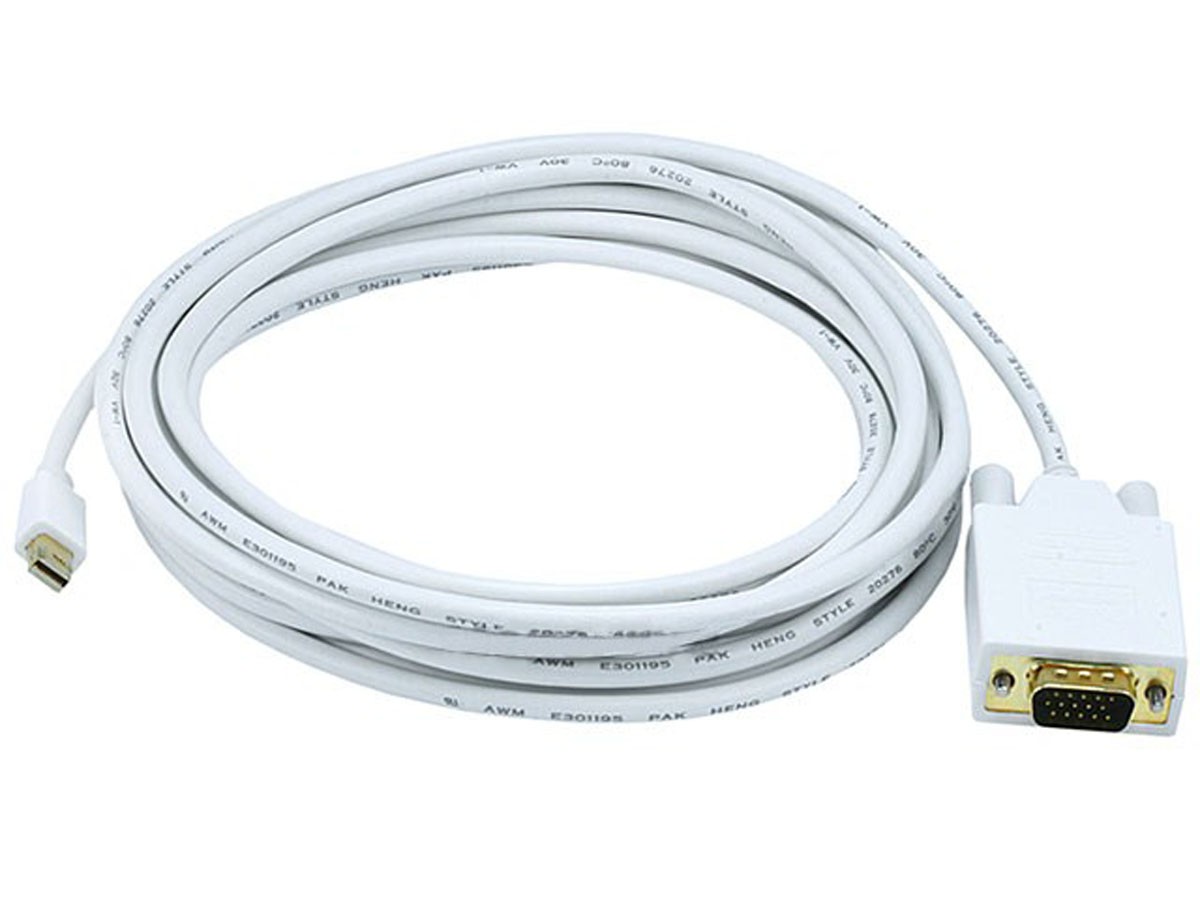 15ft Gold Plated 32AWG Mini DisplayPort / Thunderbolt to VGA Cable – White