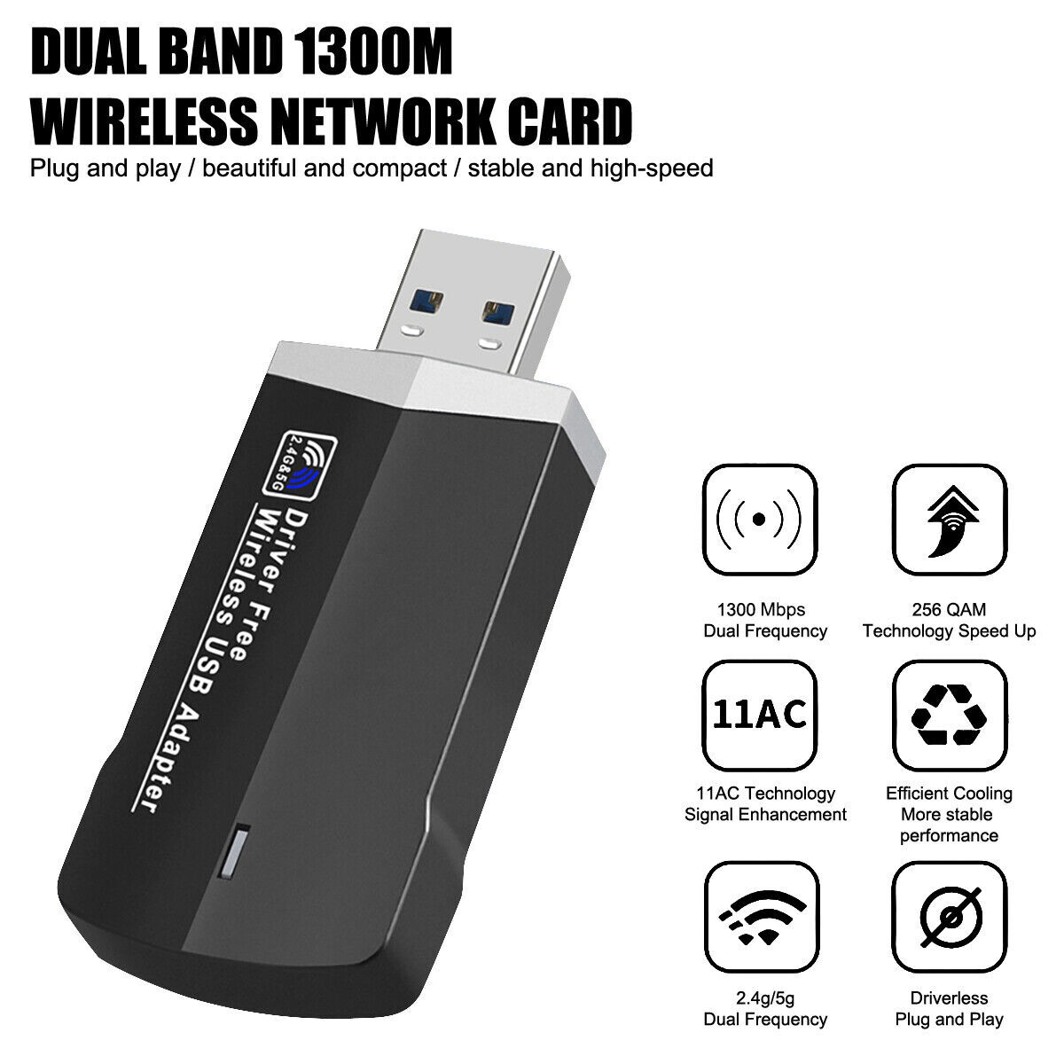 1300Mbps WiFi USB Wireless Network Receiver 2.4/5G Dual-Band Win10 11 Drive Free