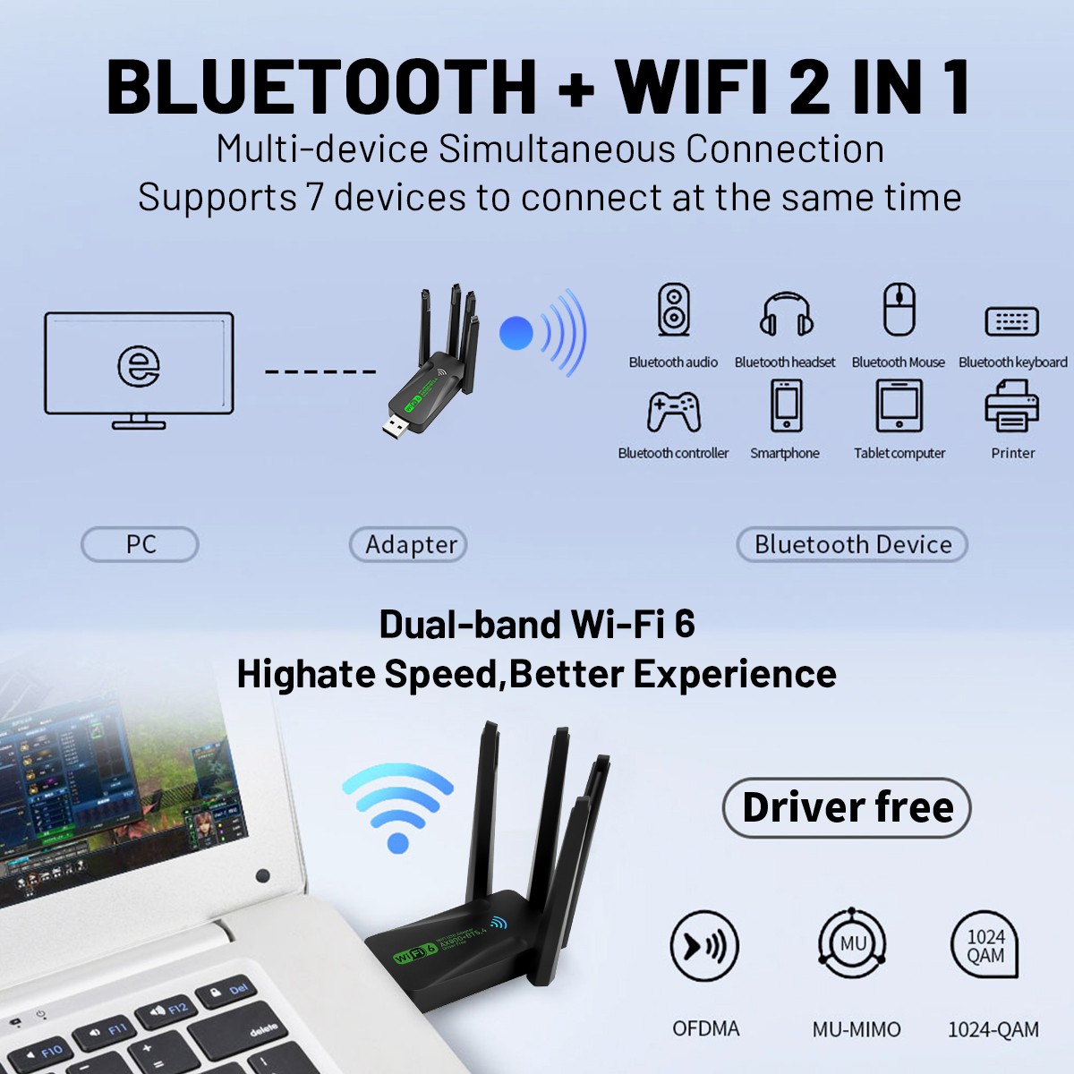 USB WiFi Bluetooth Adapter 600Mbps Dual Band 2.4G 5Ghz Wireless Receiver