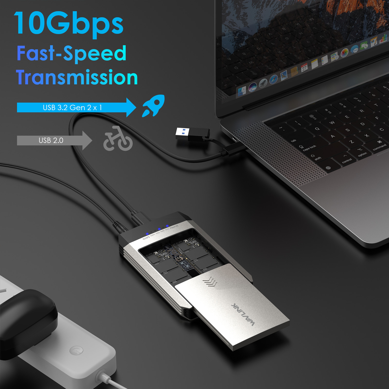 Dual-Bay USB 3.2 M.2 NVME SSD Enclosure 20Gbps for M.2 SSD of M-Key or M+B Key