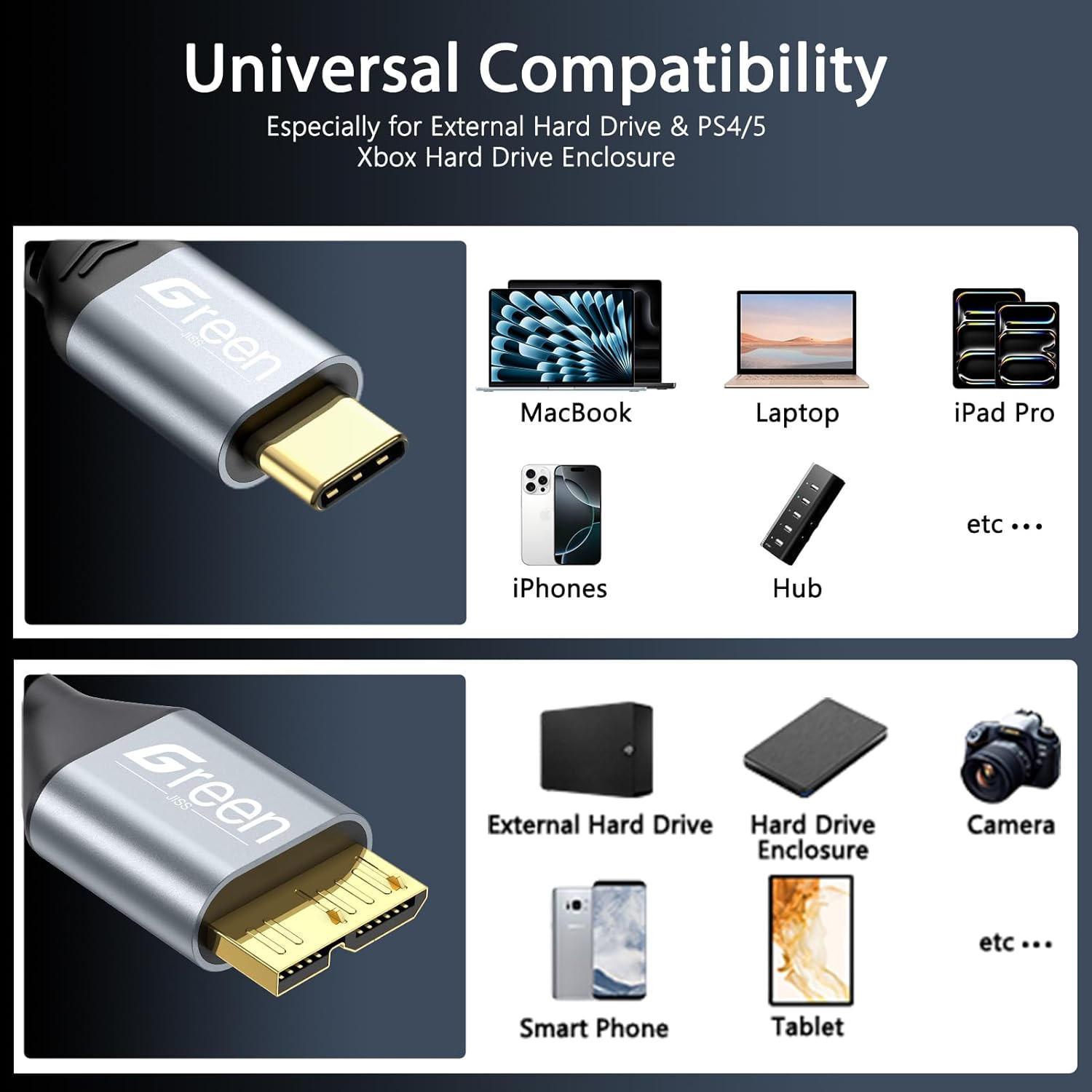 10 Gbps Micro B to USB C Cable, 1Ft 1.5Ft 3Ft 6Ft 10Ft Gold-Plated