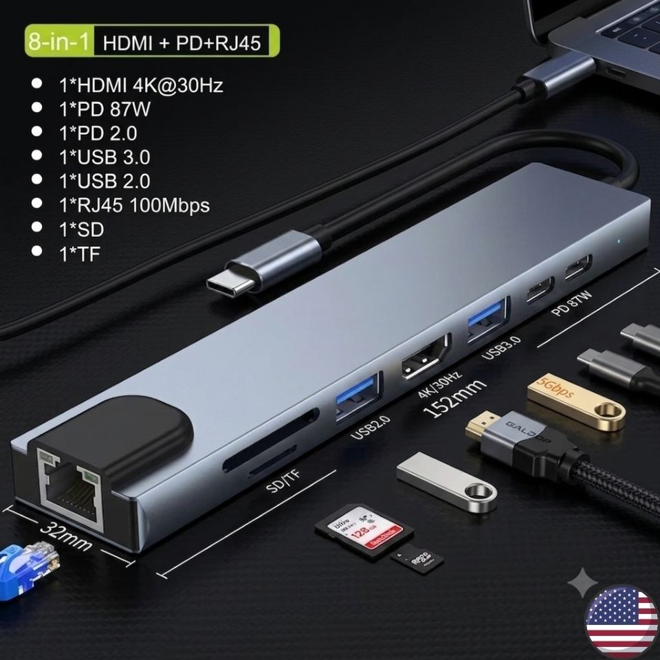 8 in 1 USB C Hub Type C to 4K HDMI Adapter RJ45 SD TF Card Reader PD For MacBook