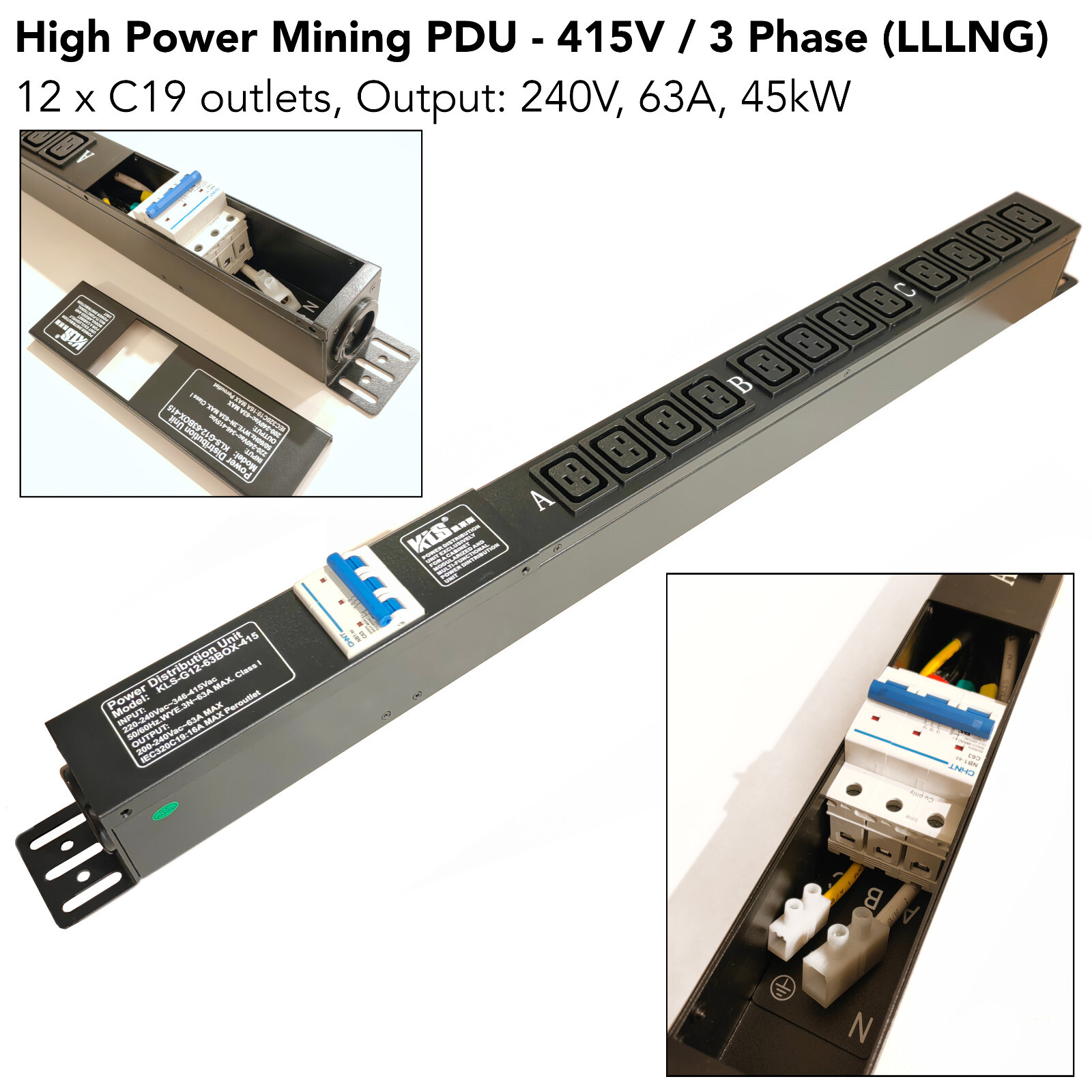 High Power Mining PDU 415V / 3 Phase (LLLNG) 12xC19 – Output 240V 63A Amp 45kW